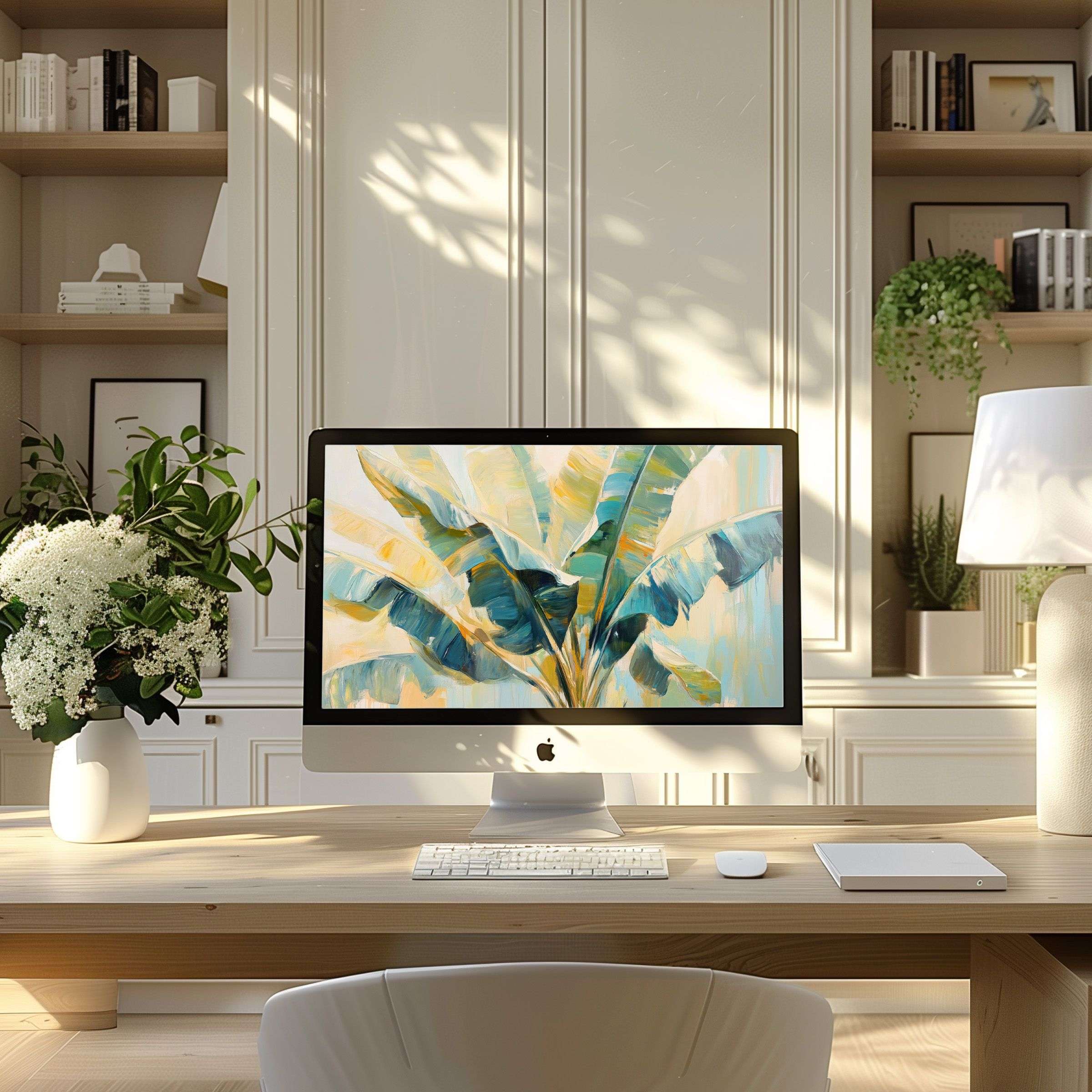 Elegant tropical leaf artwork brings calm inspiration as a wallpaper for computer PC and laptop fitting modern home office decor
