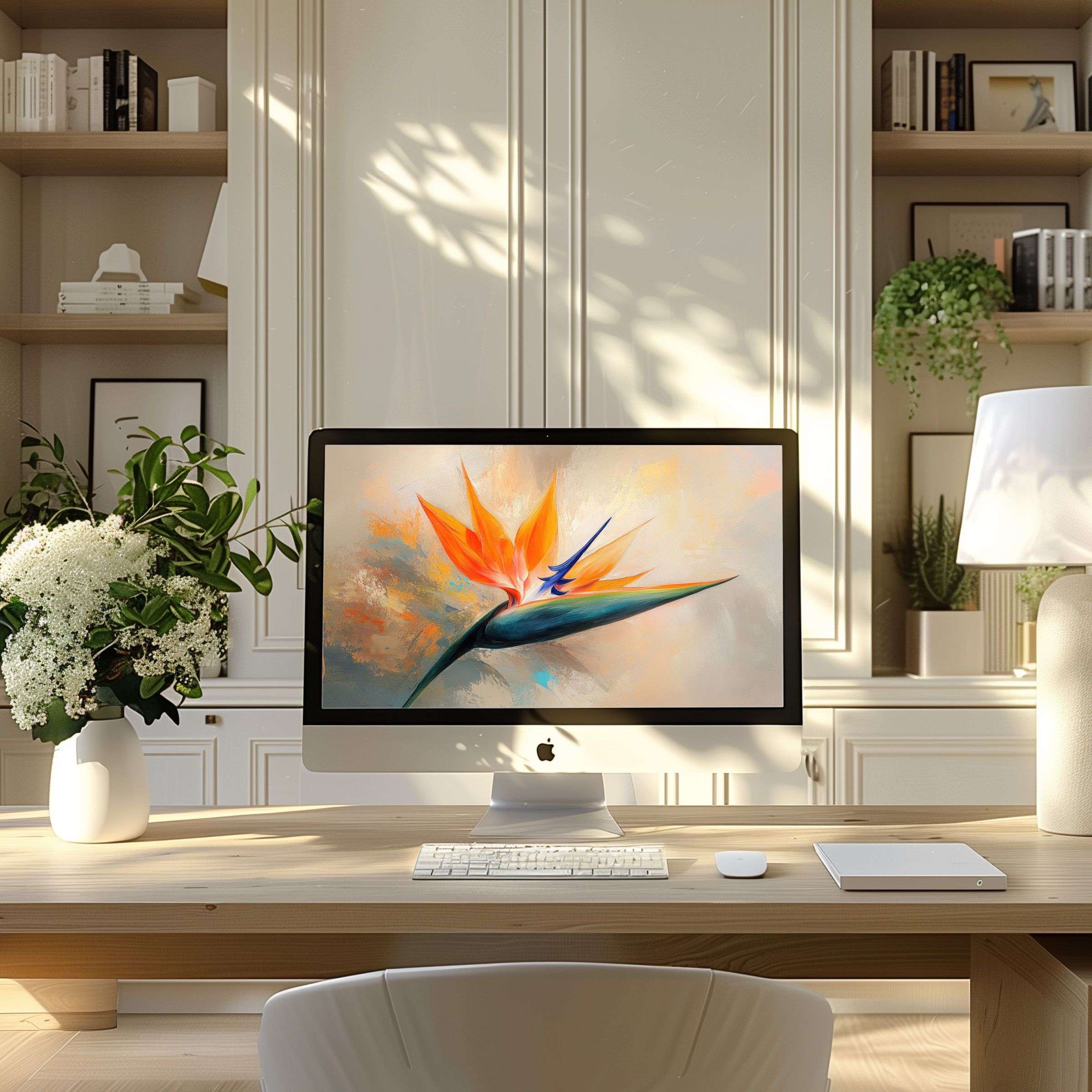 Elegant bird of paradise digital art wallpaper for computer in modern home office inspires calm; fits PC, laptop, ultrawide
