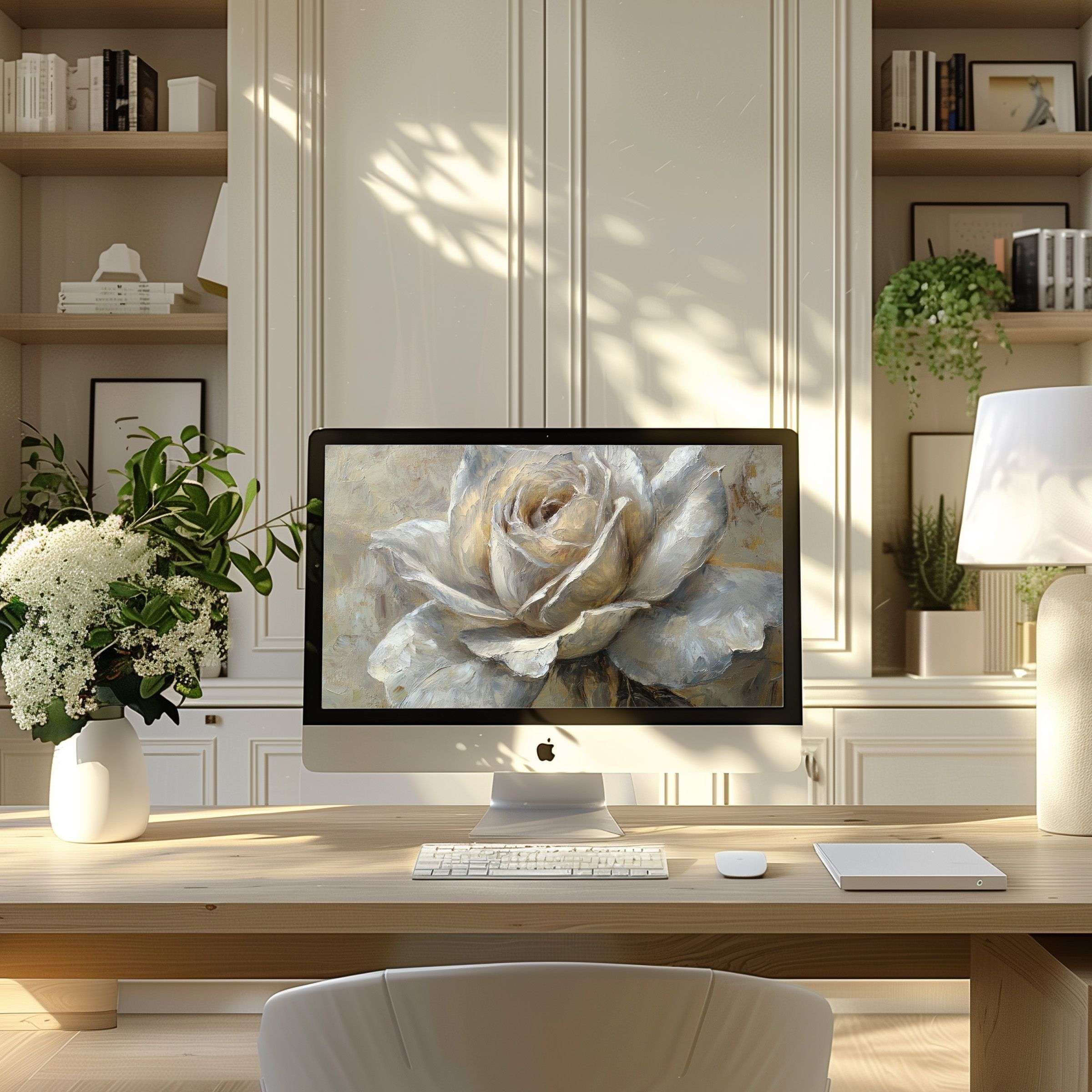 Elegant floral digital art wallpaper for computer and laptop inspires calm in a modern home office setting with a sleek desk