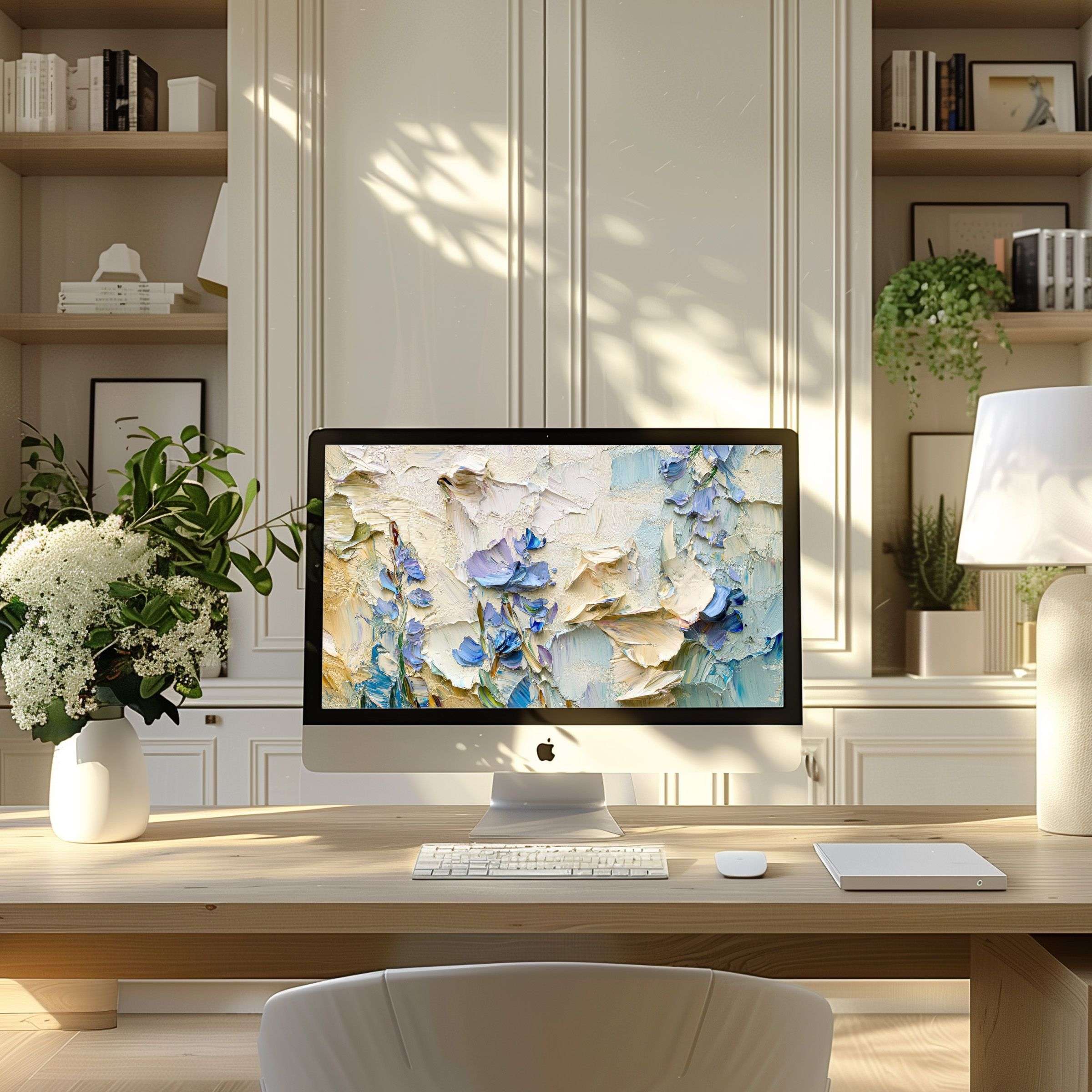 Inspiring abstract floral wallpaper for computer fits elegantly on PC or laptop in a modern, calming home office setting
