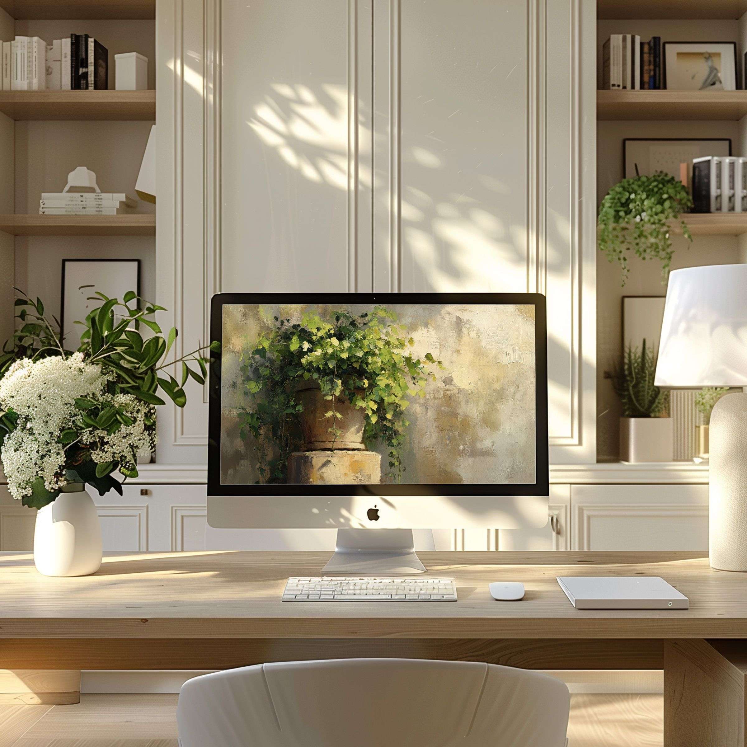 Calming nature-inspired digital art as wallpaper for computer in a modern home office setting perfect for PC and Laptop use