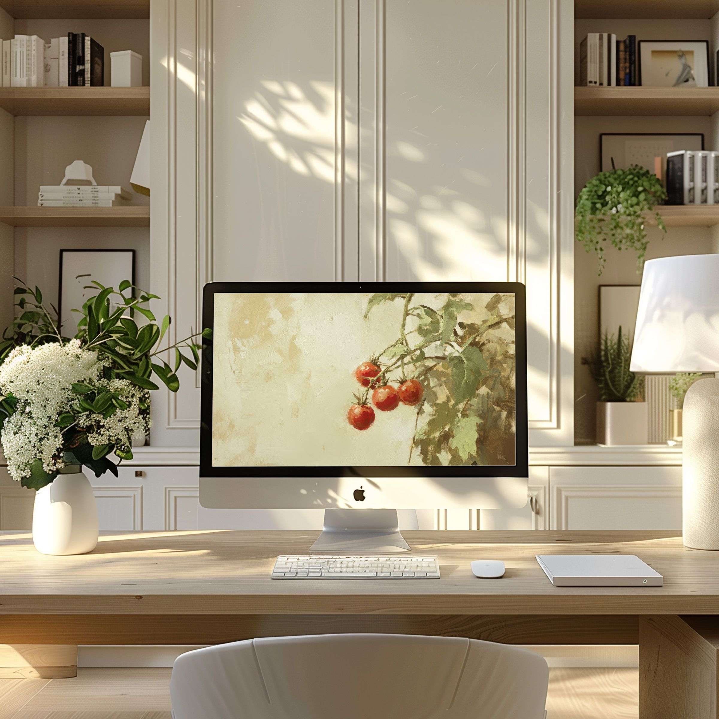 Elegant digital art of tomatoes brings calm to a modern home office, perfect wallpaper for computer, PC, and Laptop download