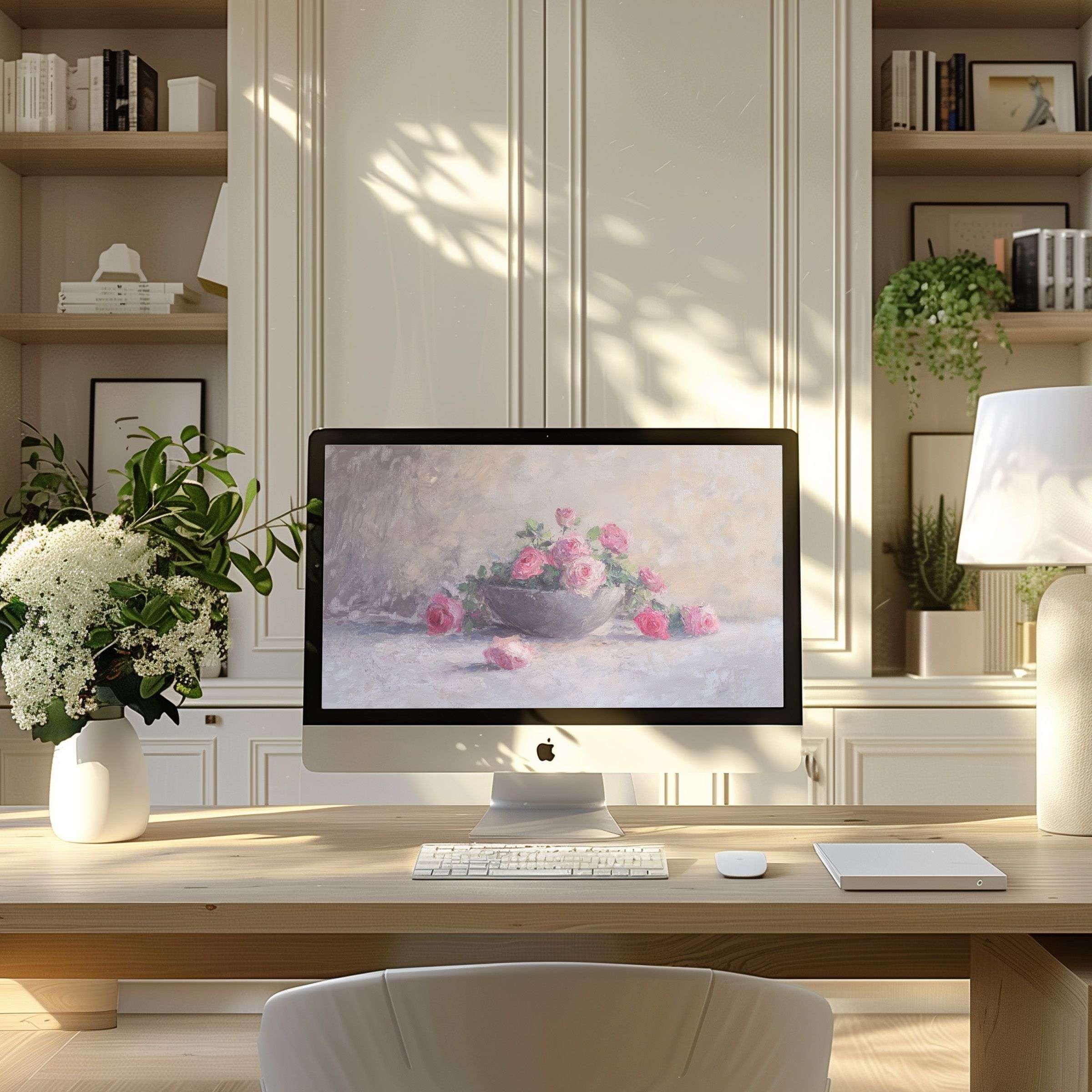 Elegant digital art of soft pink roses inspires calm for wallpaper for computer, PC, and laptop in a modern home office setting