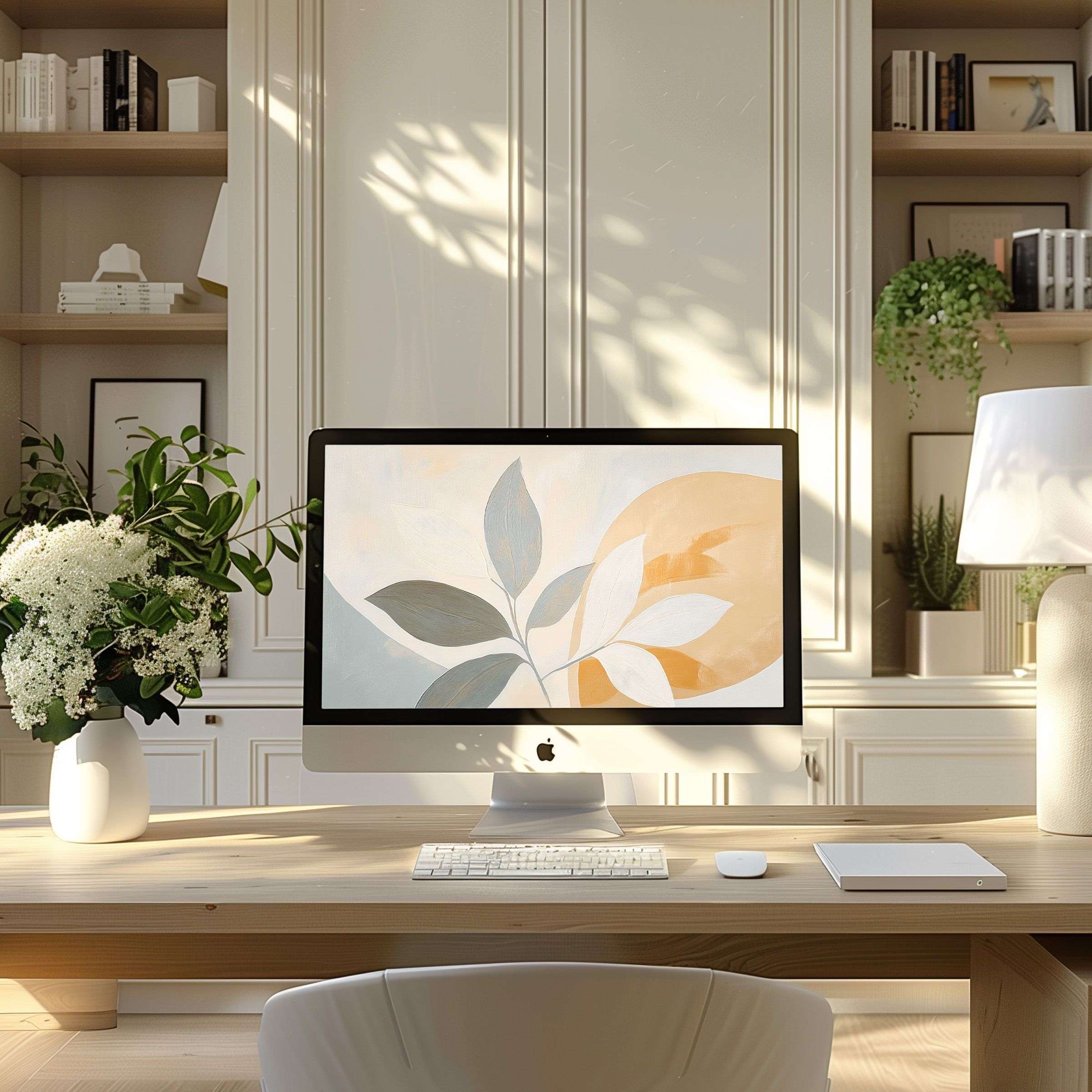 Elegant botanical digital art wallpaper for computer inspires calm in a modern home office setting, ideal for PC or laptop