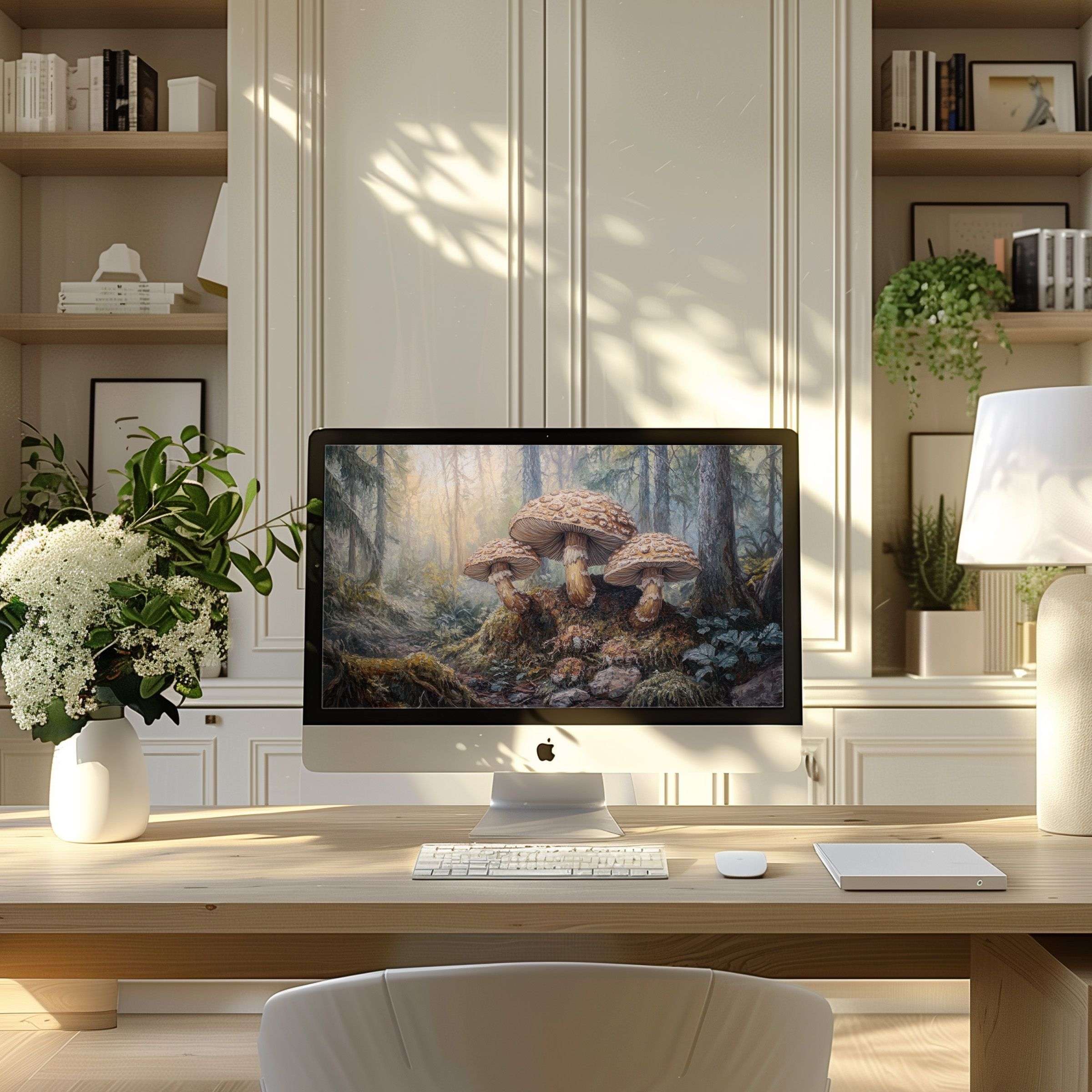 Elegant forest mushroom art wallpaper for computer, PC, and laptop in a serene modern home office inspires calm and visual harmony
