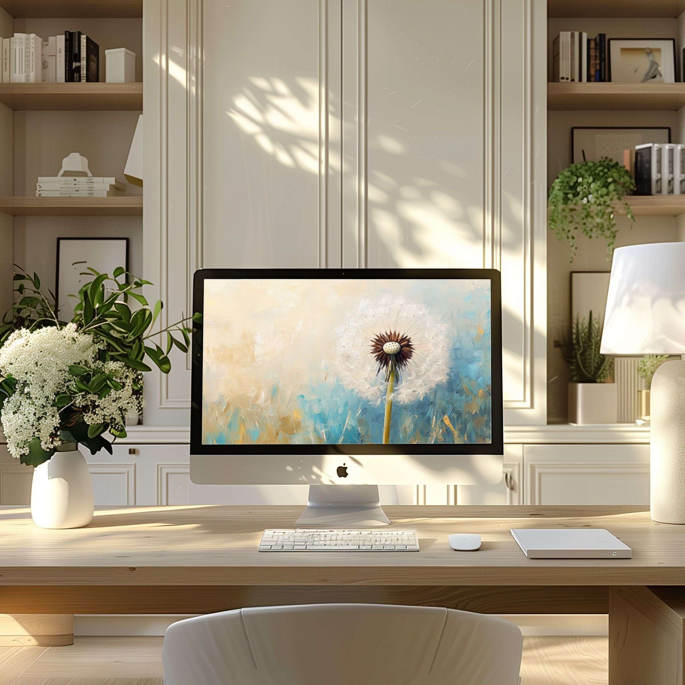 Elegant dandelion art wallpaper for computer enhancing a serene, modern home office; fits PC, laptop, ultrawide screens