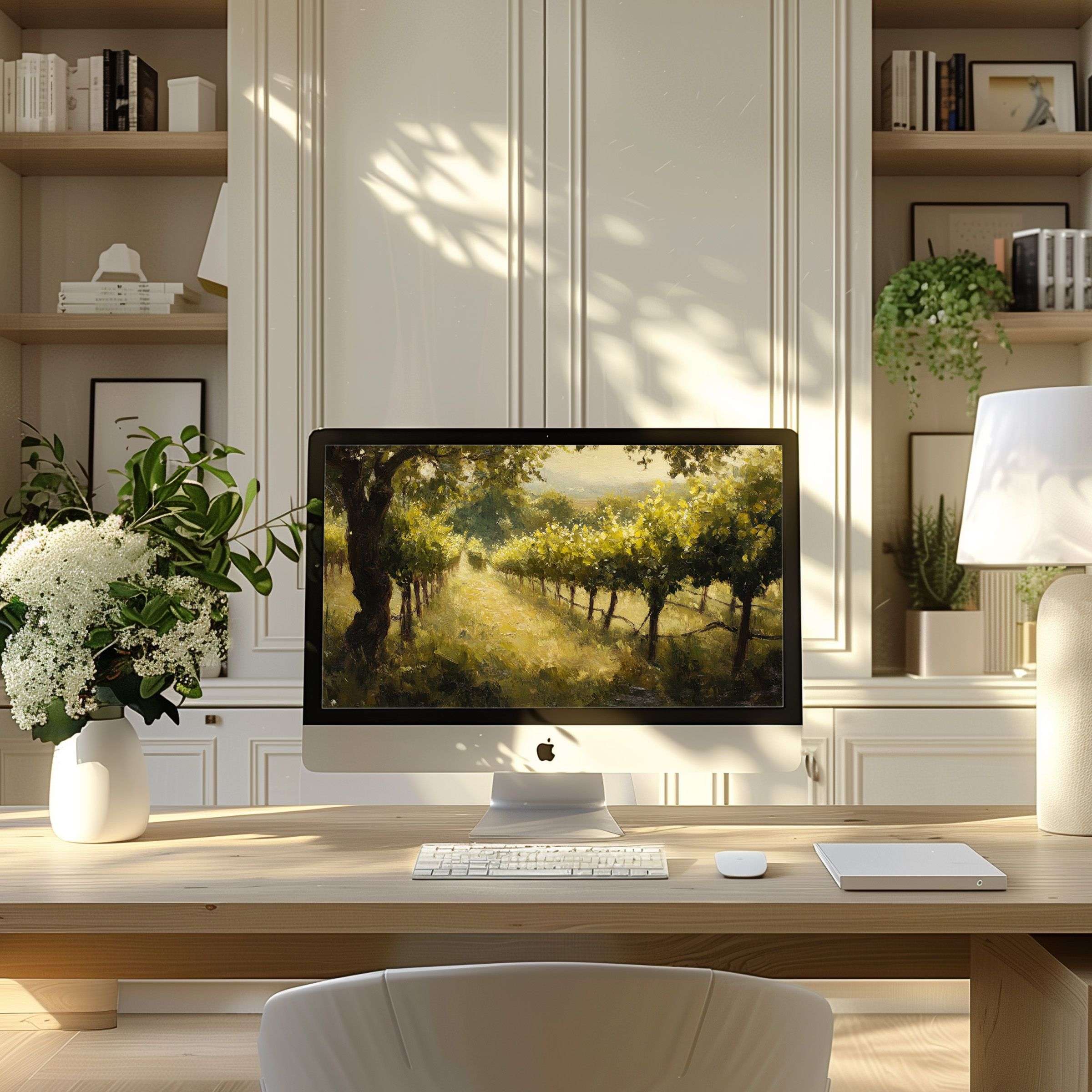 Elegant vineyard wallpaper for computer creates calm inspiration in a modern home office, enhancing any PC, laptop, or ultrawide display