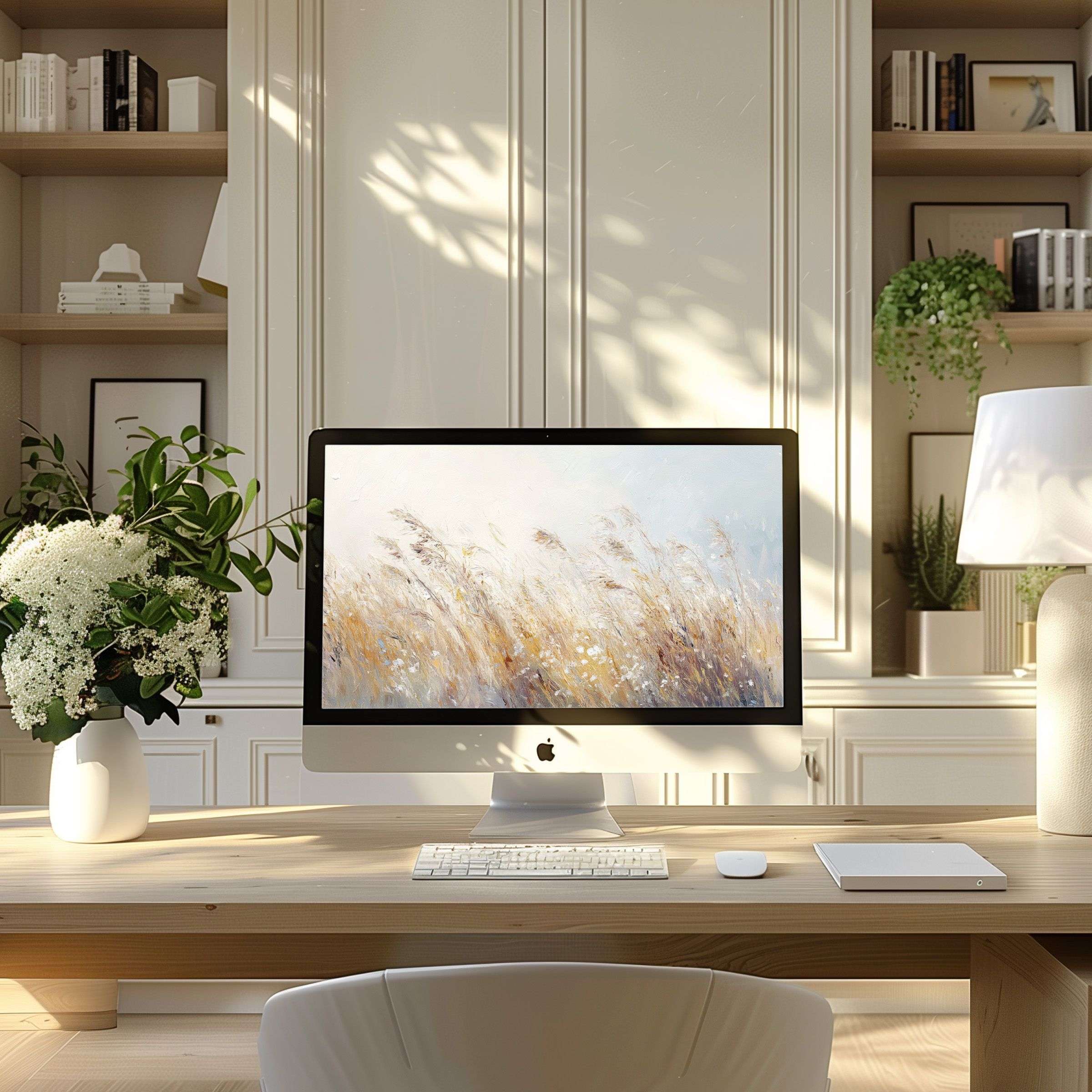 Modern home office with elegant nature-inspired wallpaper for computer offering calm inspiration for PC and laptop screens