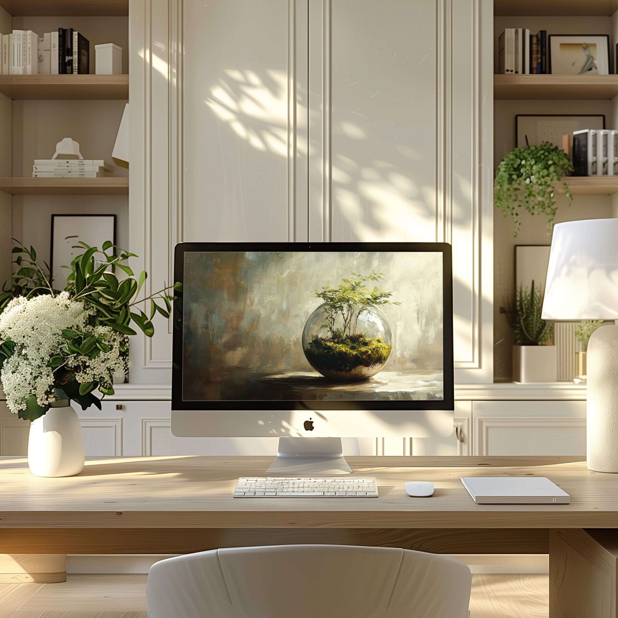 Elegant terrarium art wallpaper for computer offering calm inspiration, fits PC or Laptop screens, enhancing modern home office decor