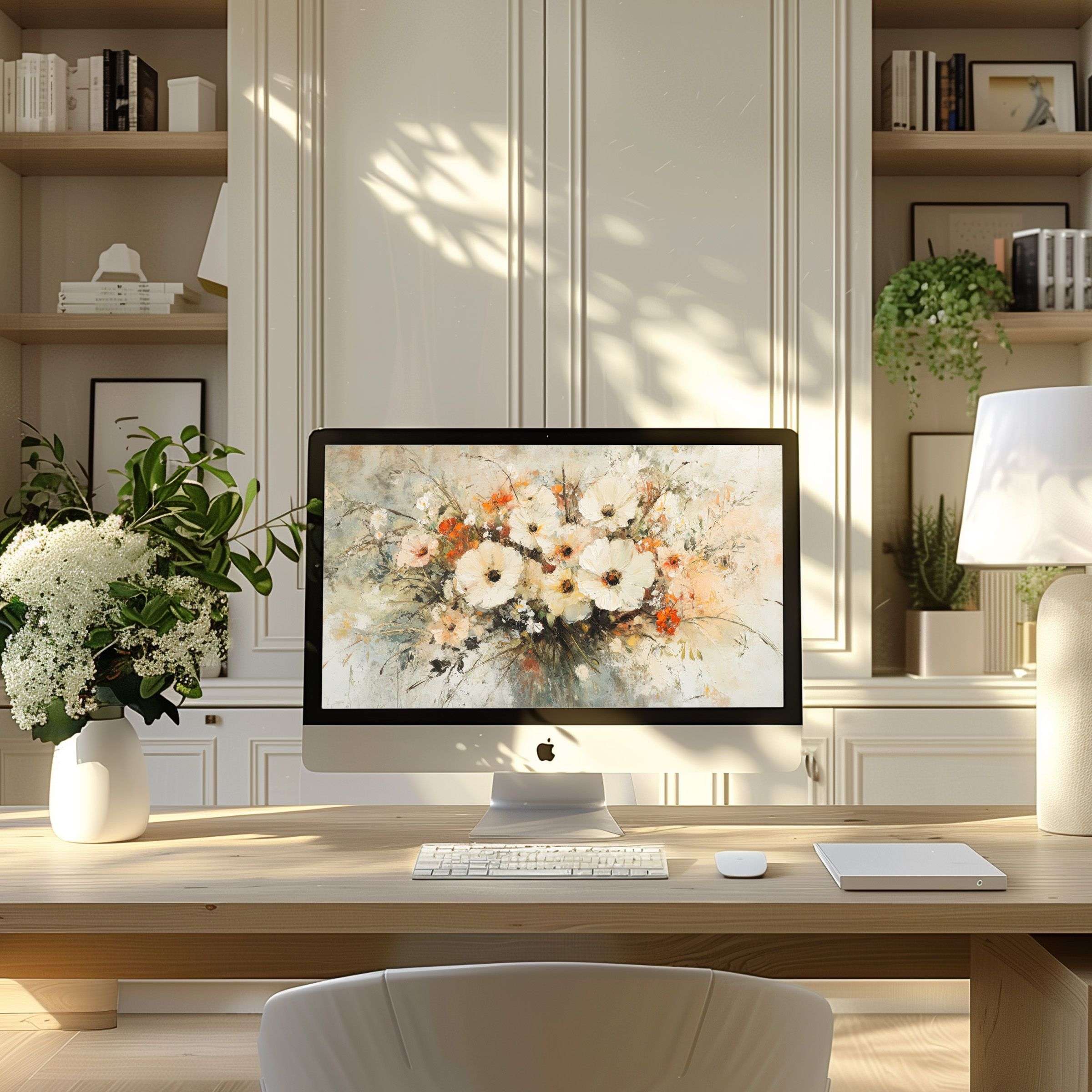 Elegant floral digital art as calming wallpaper for computer in a modern home office setting, perfect for PC and laptop download