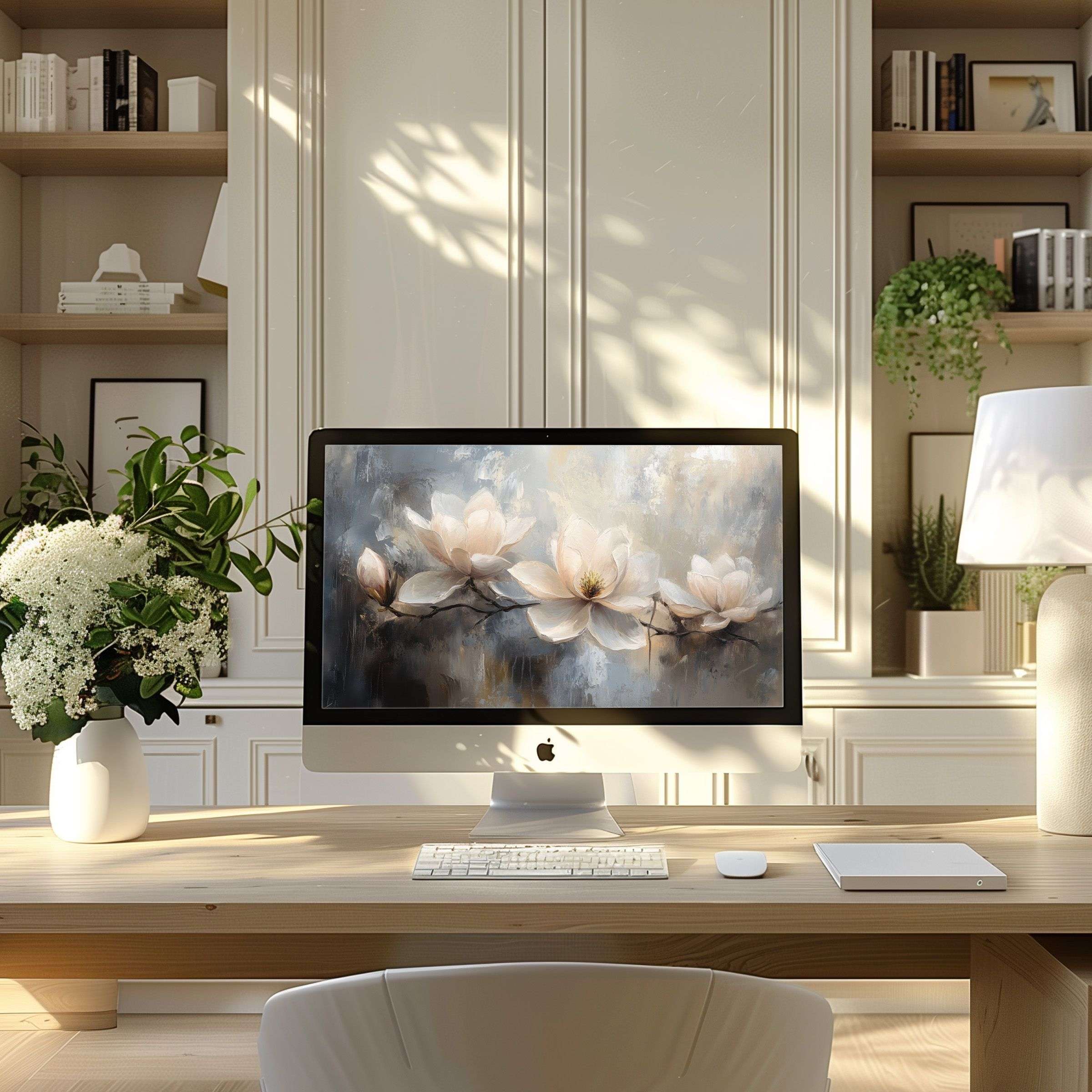 Elegant magnolia painting as wallpaper for computer complements modern home office, inspiring calm on PC, laptop, and ultrawide displays