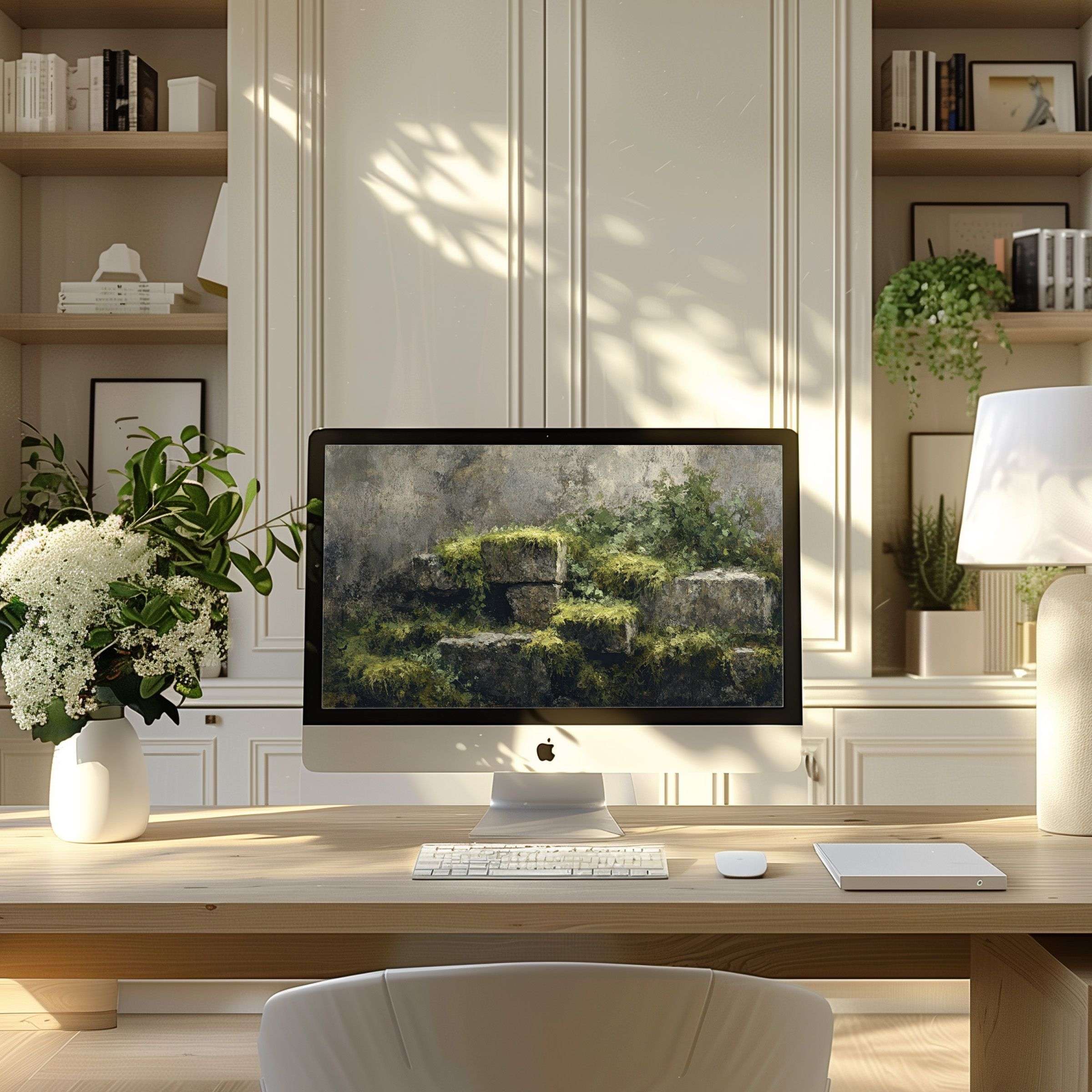 Serene mossy stone motif wallpaper for computer suits PC or Laptop in modern home office, offering elegance and calm tranquility