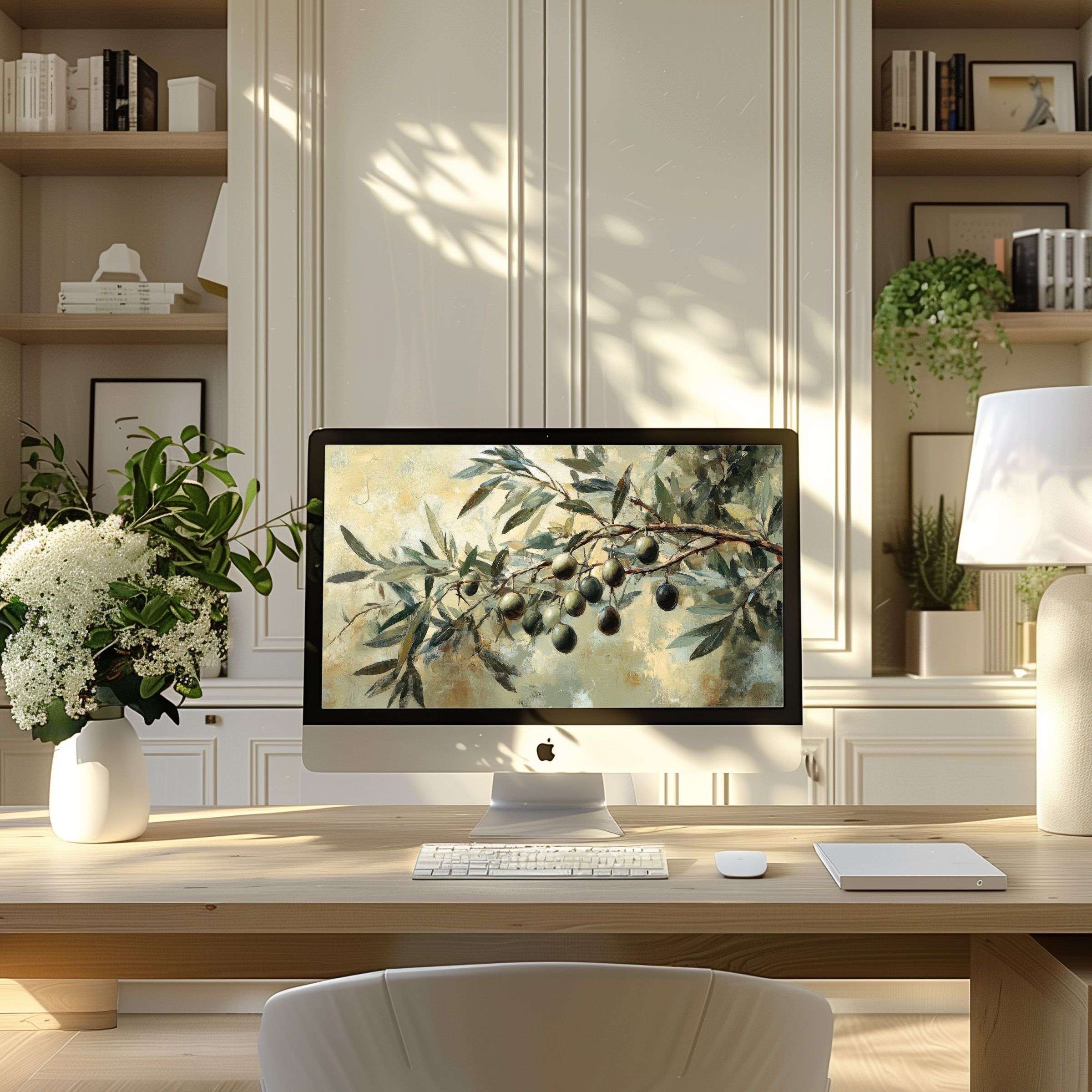 Elegant olive branch artwork as wallpaper for computer creates a calm, inspiring space fitting PC, laptop, ultrawide screens