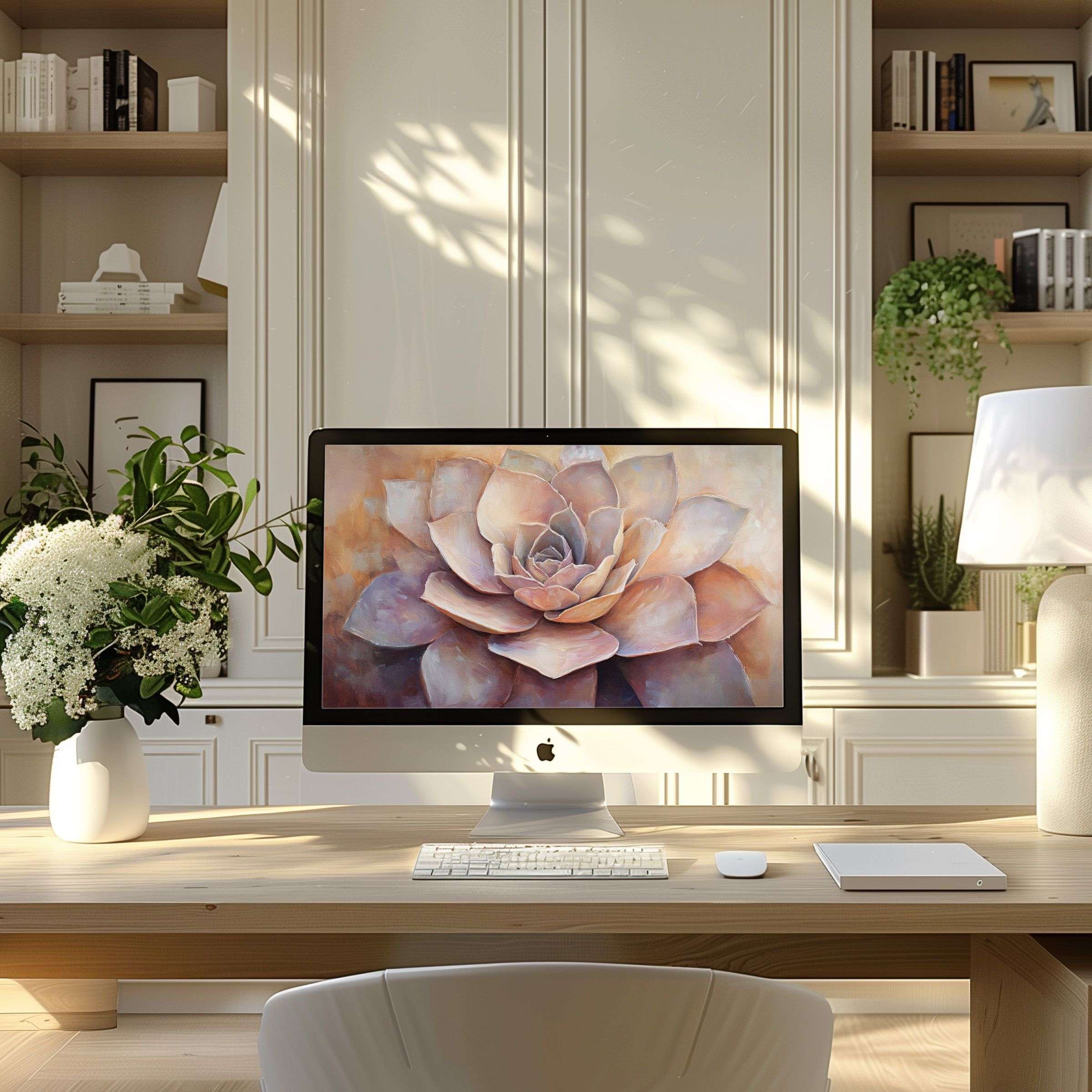 Elegant digital flower art wallpaper for computer in modern home office setting fits PC and laptop offering calm and inspiration