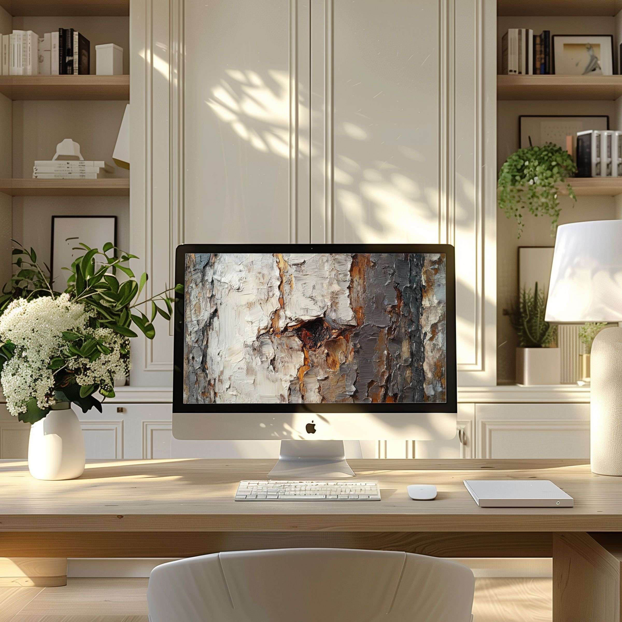 Elegant abstract bark artwork as wallpaper for computer in modern home office inspires calm for PC and Laptop screens
