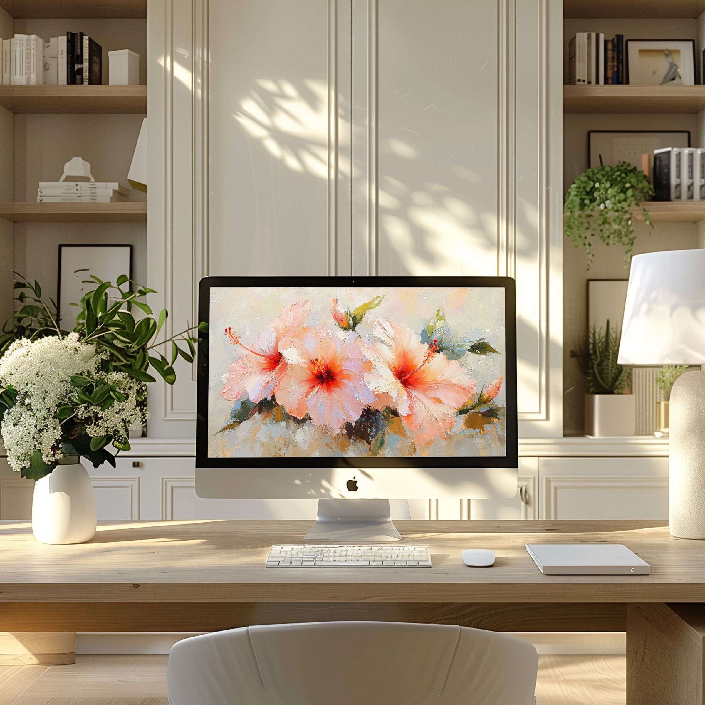 Vibrant floral art wallpaper for computer brings elegance and inspiration to a modern home office setting for PC or laptop users