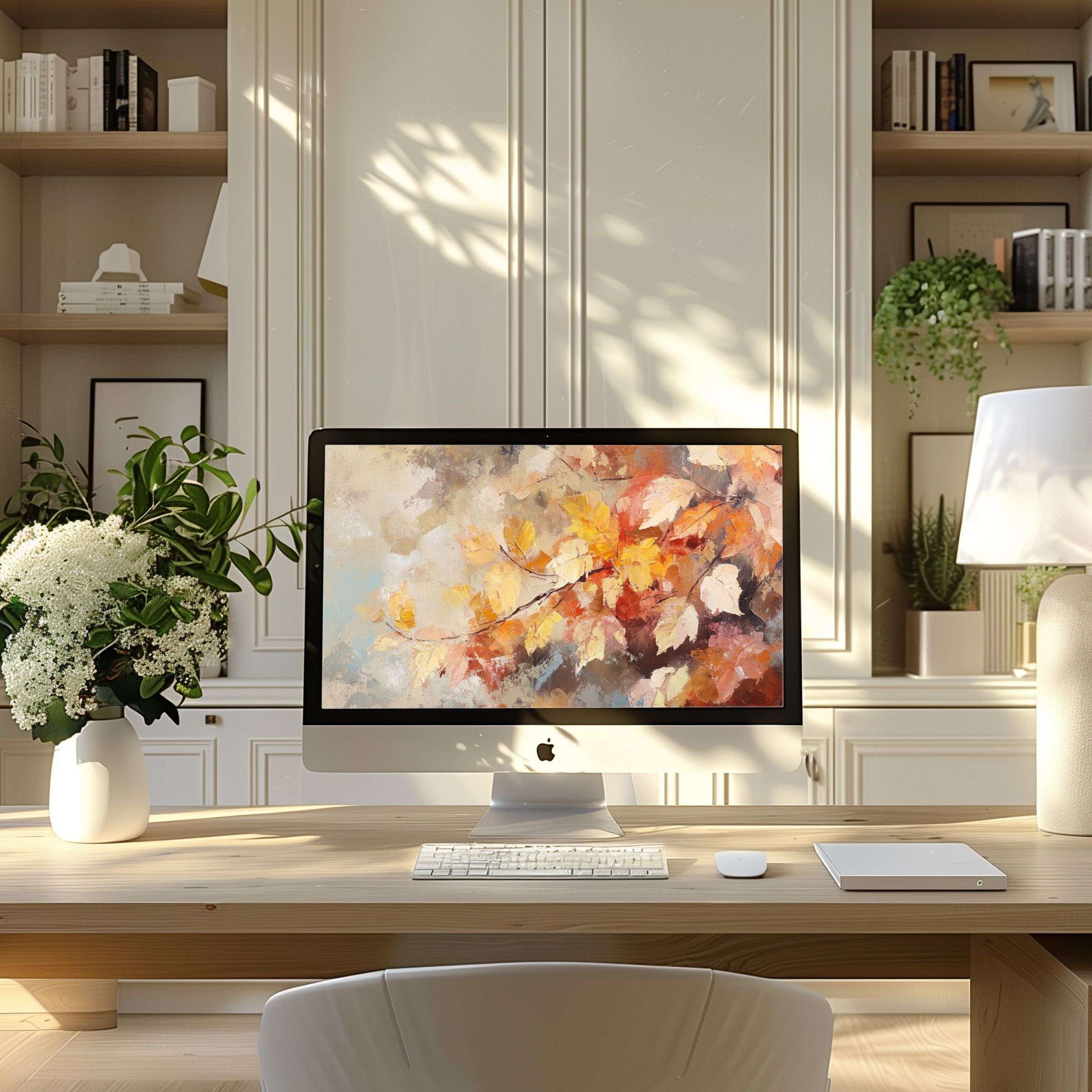 Elegant autumn leaves digital art as wallpaper for computer in a serene modern home office setting, ideal for PC or laptop use