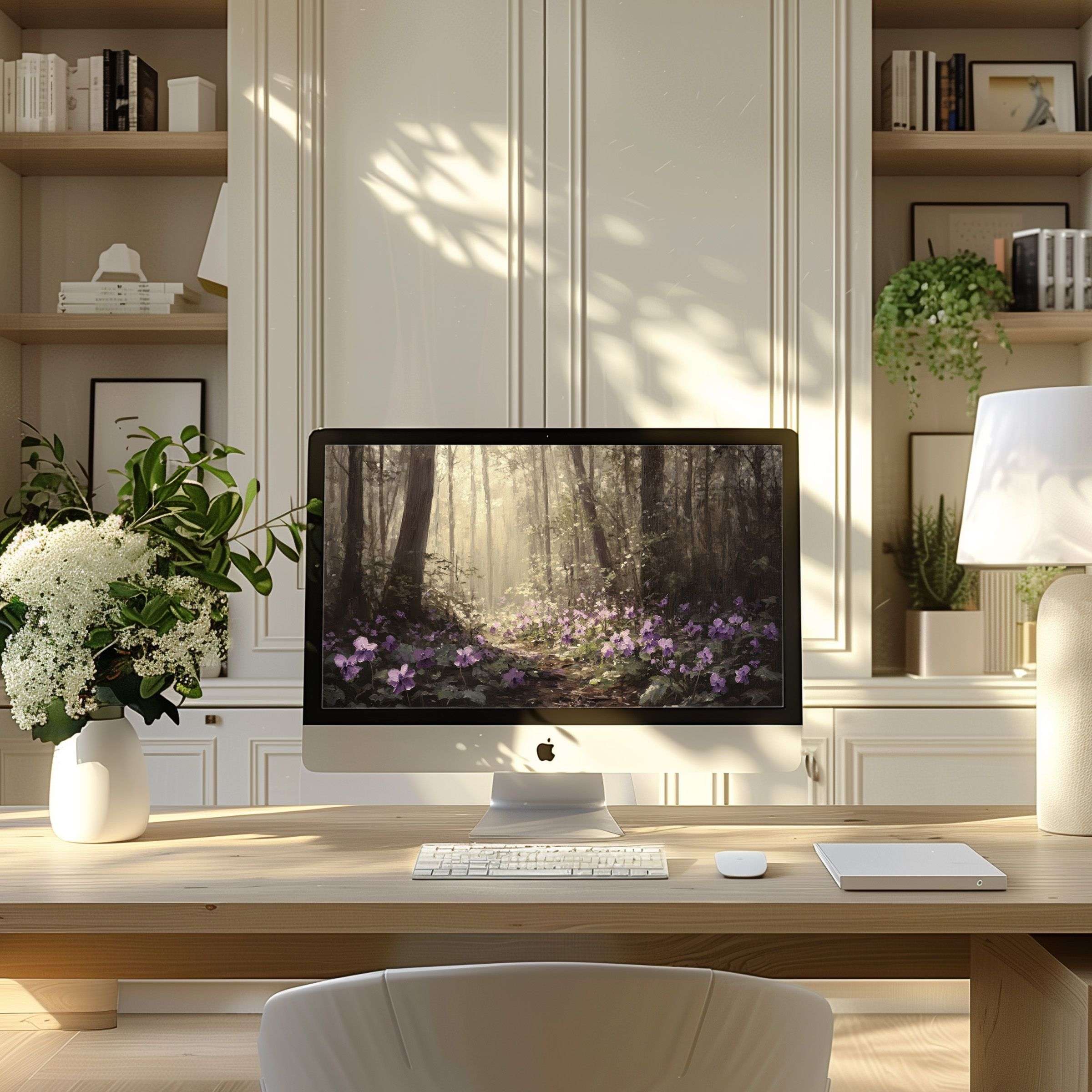 Elegant floral wallpaper for computer and laptop creates a calming ambiance in a modern home office inspiring creativity and focus