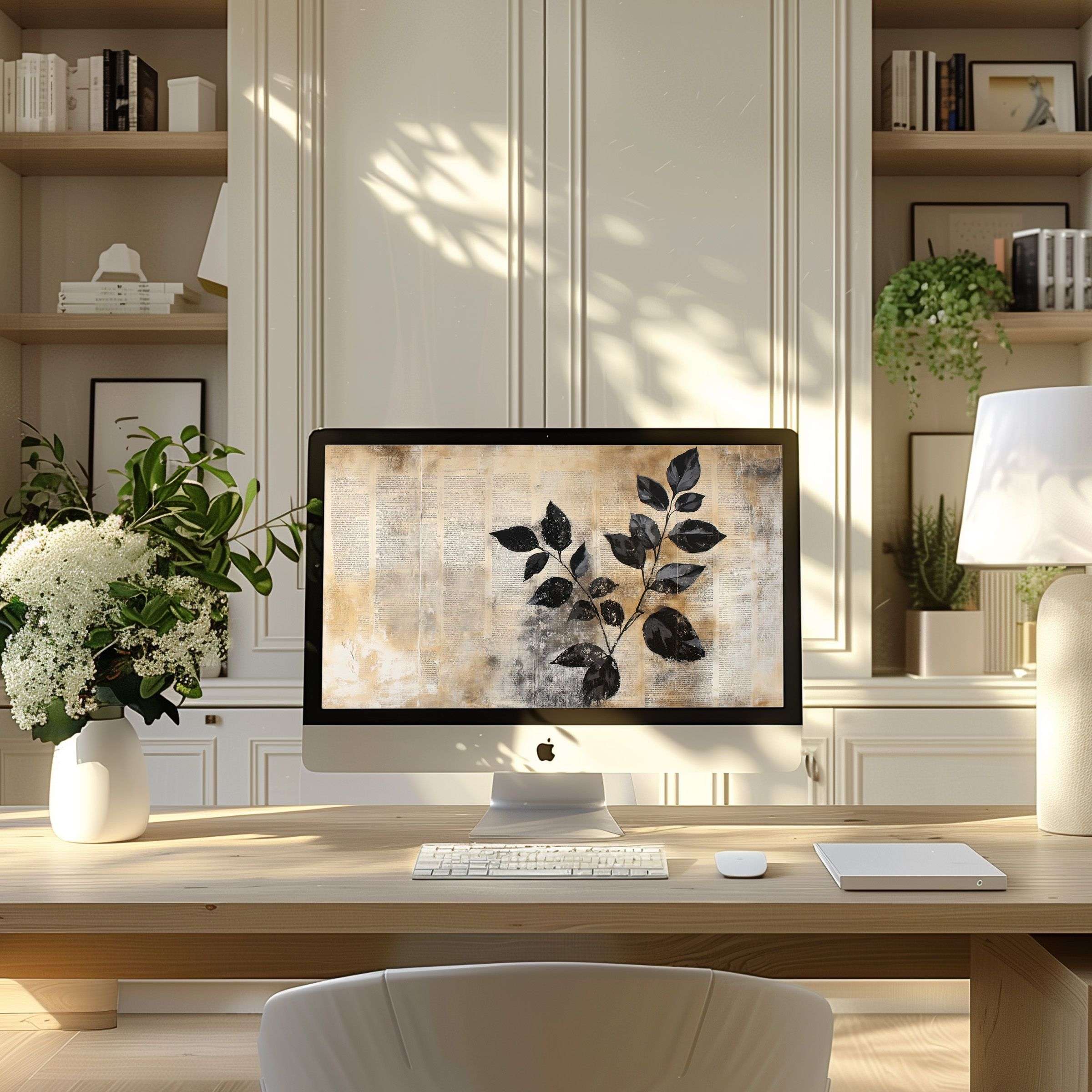 Elegant black leaf motif wallpaper for computer enhances a modern home office inspiring calm aesthetics fits PC and laptop screens
