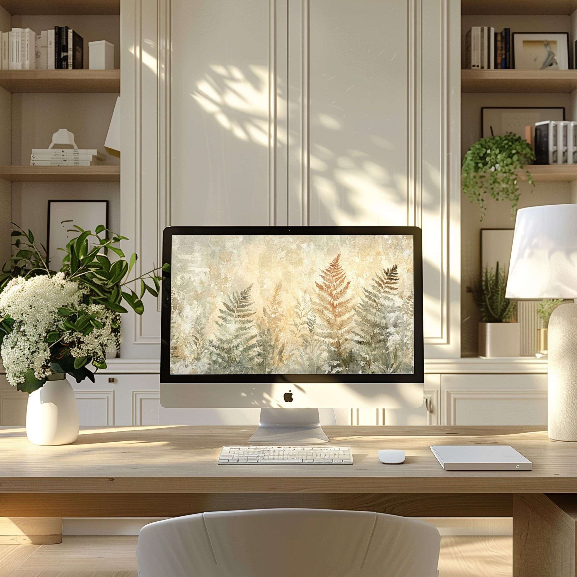 Elegant fern motif wallpaper for computer in calming hues inspires your modern home office for PC, laptop, digital download