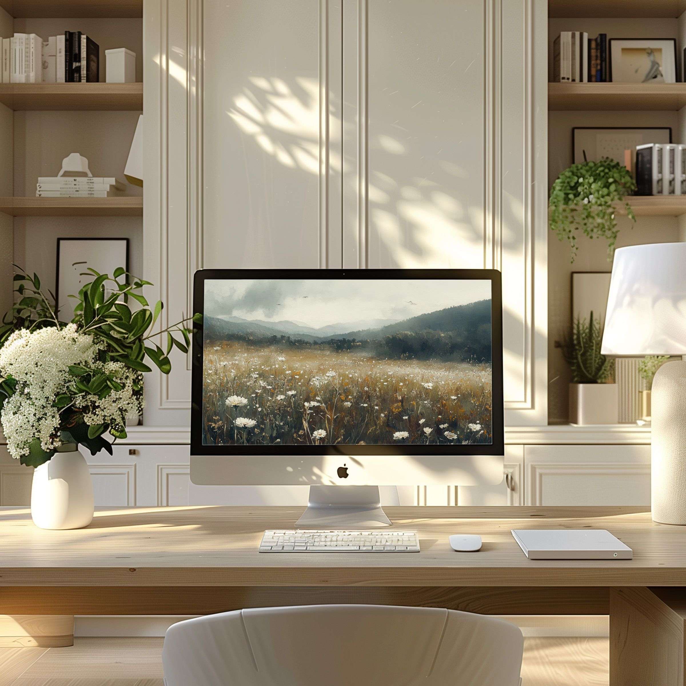 Elegant landscape wallpaper for computer on desk inspires calm; perfect for PC, laptop, ultrawide digital download users