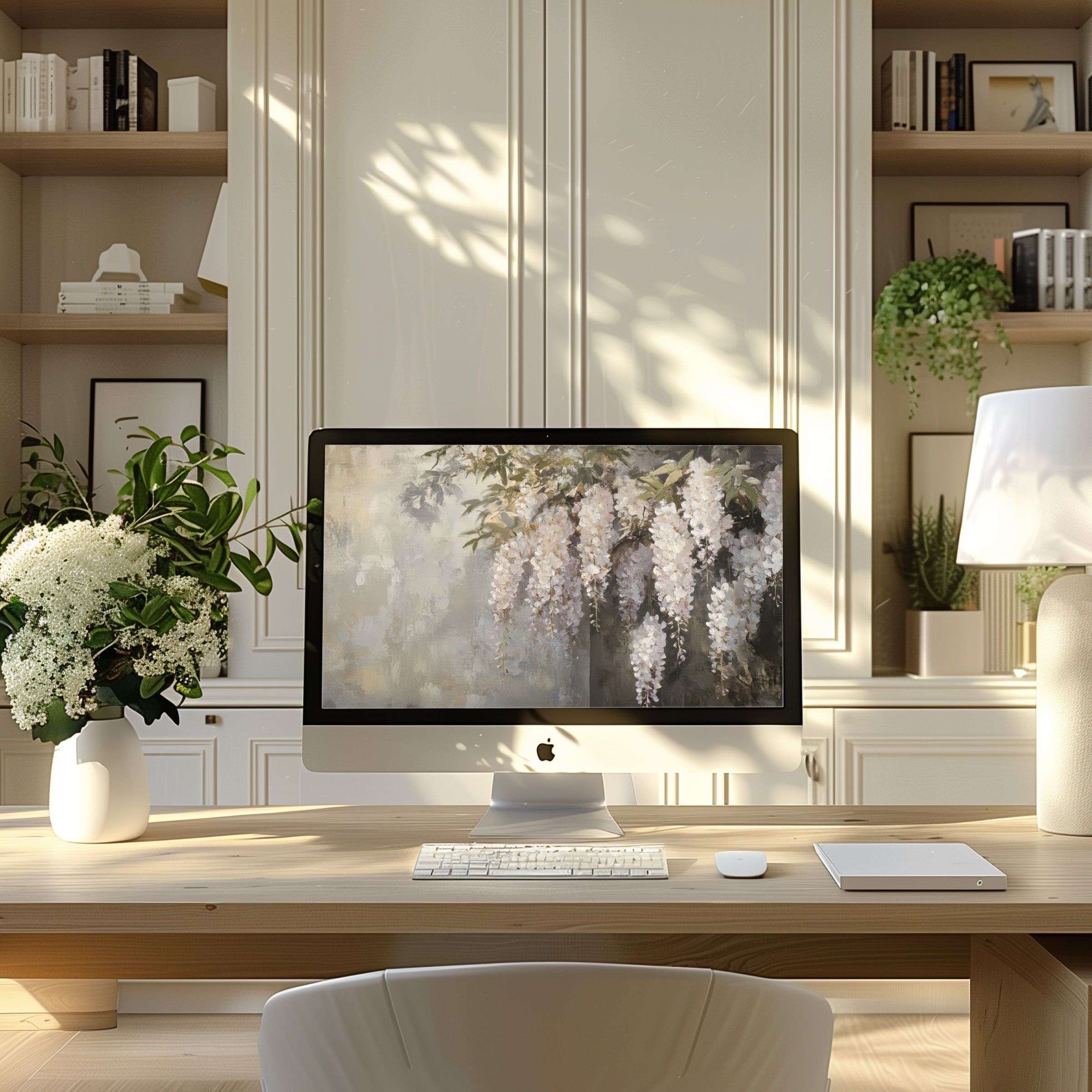Elegant floral wallpaper for computer in serene home office setting inspires calm beauty, ideal for PC or laptop digital download