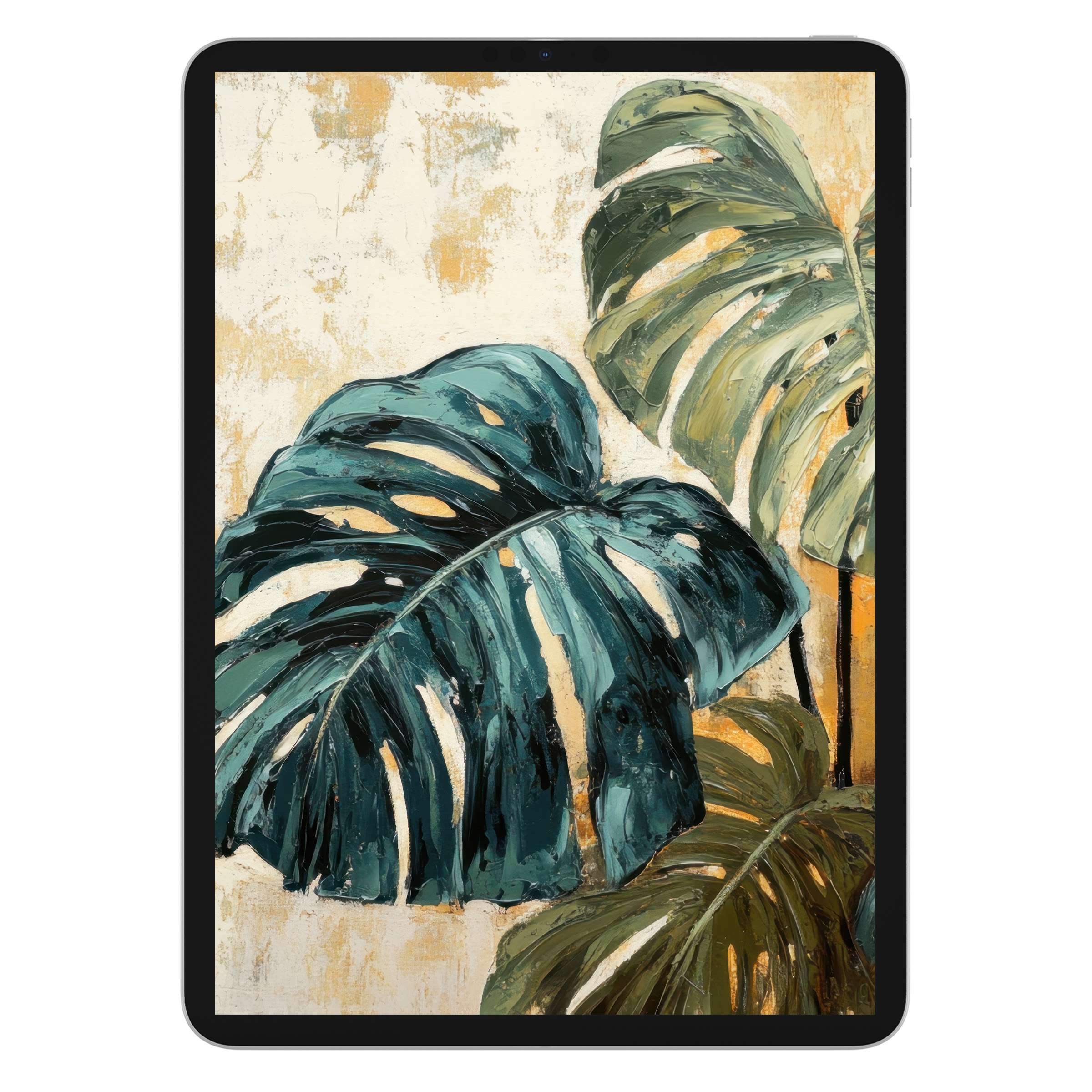 Elegant botanical iPad wallpaper features lush green leaves on a textured background, perfect for a digital download for tablets