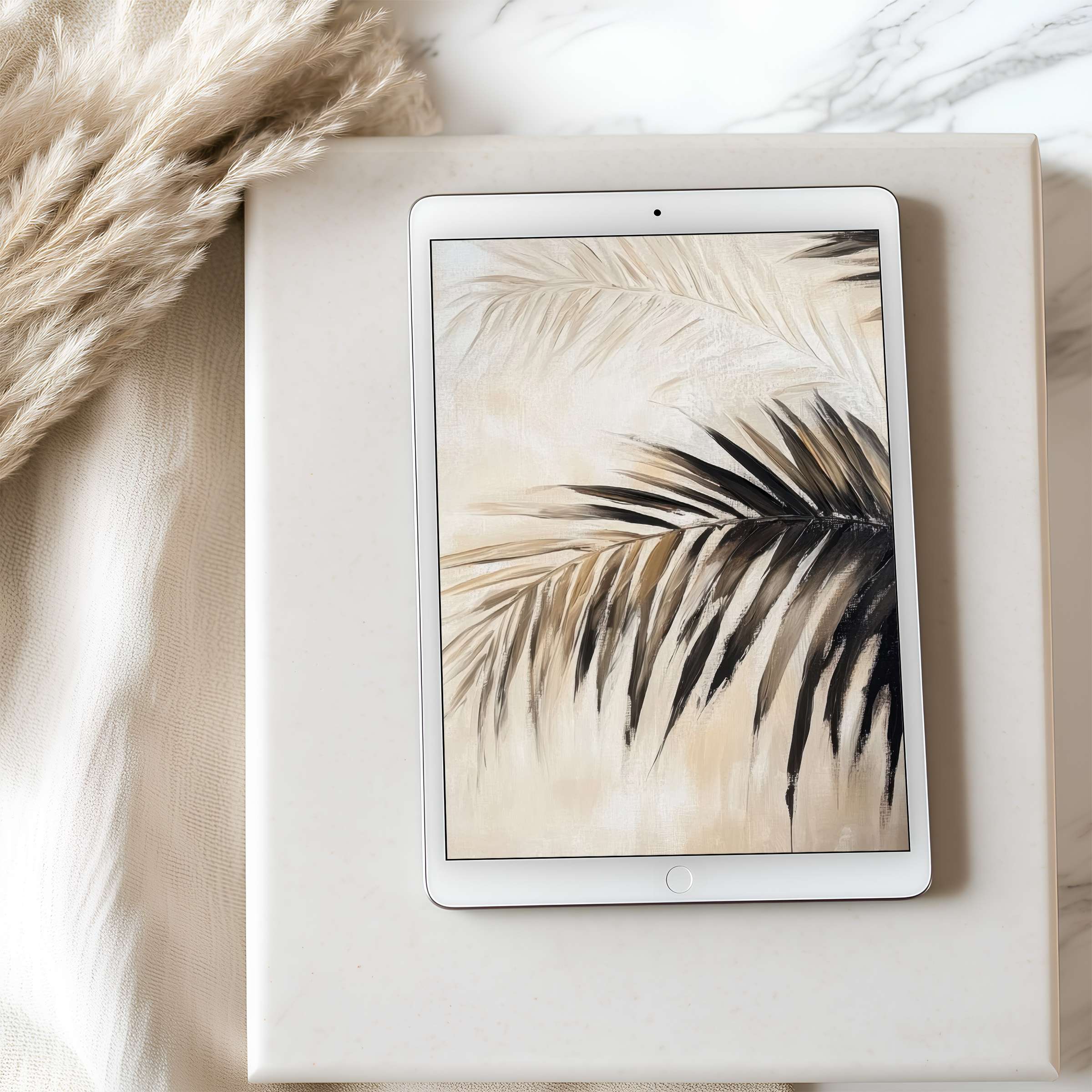 Elegant palm leaf tablet wallpaper in neutral tones, perfect for iPad and Android tablets High resolution digital download enhances calm elegance