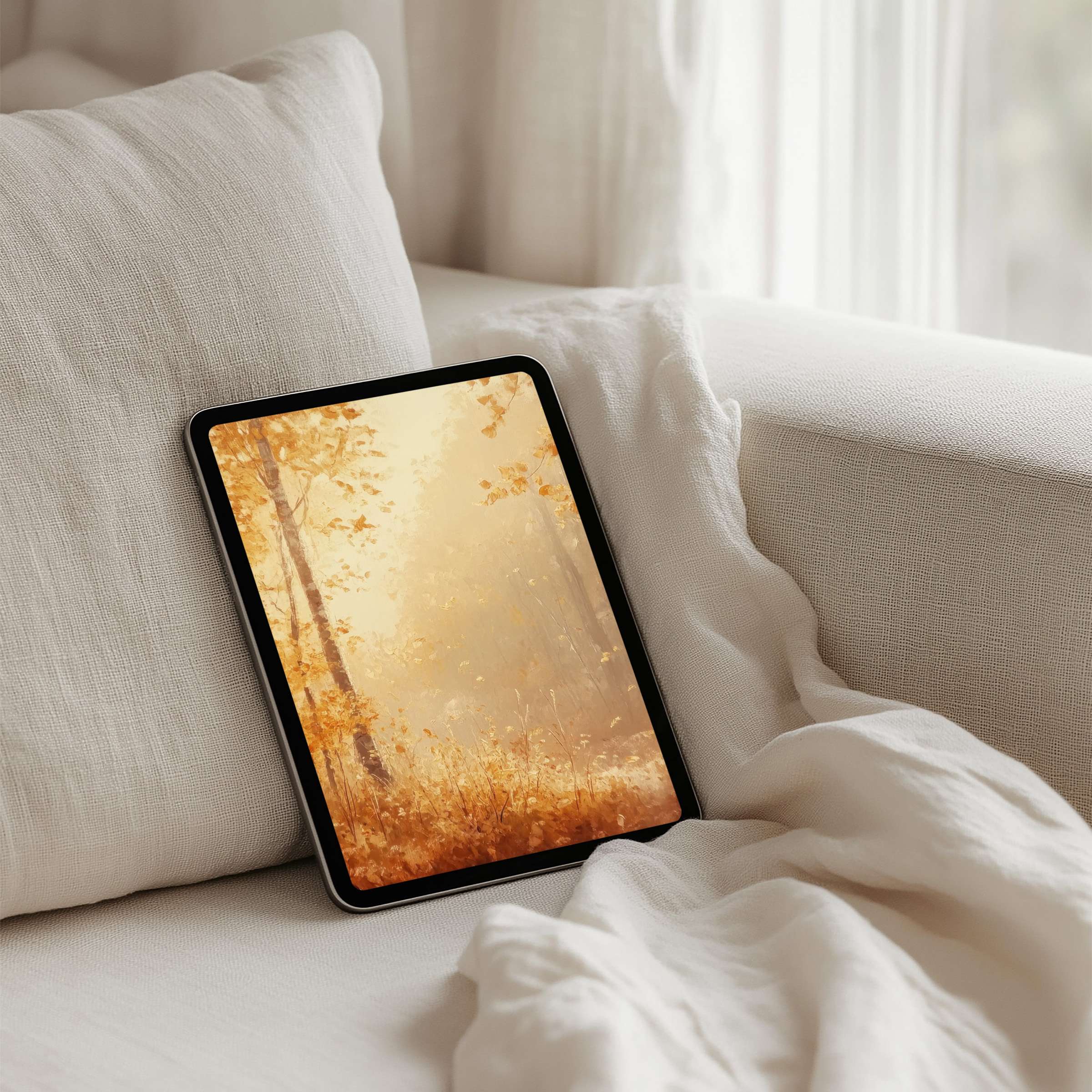 Elegant iPad background featuring a serene autumn forest scene, available for instant download, perfect for any tablet user seeking calm inspiration