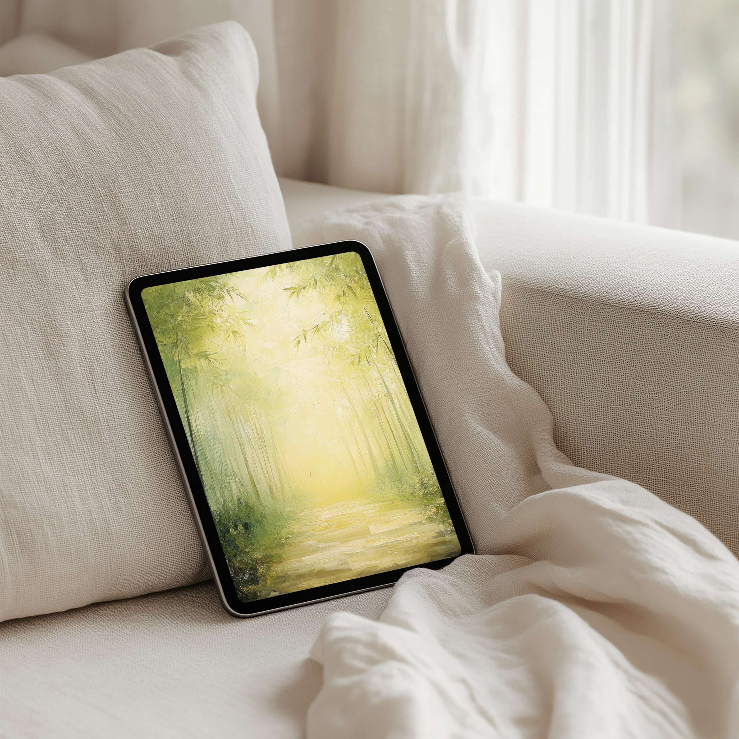 Serene forest iPad background evokes calm elegance with soft greens for your tablet instant download for mindful inspiration
