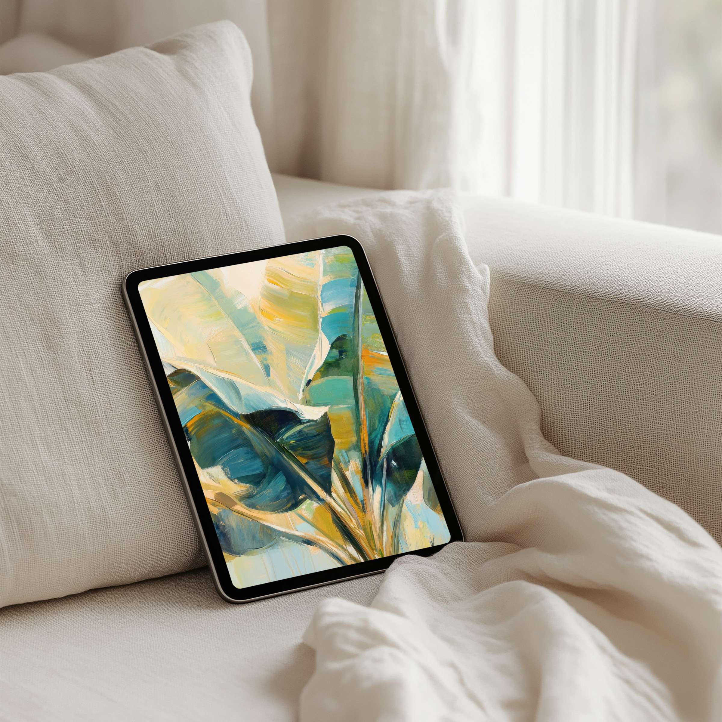 Elegant abstract leaves in soft blues and yellows create a calming iPad background perfect for instant download on any tablet