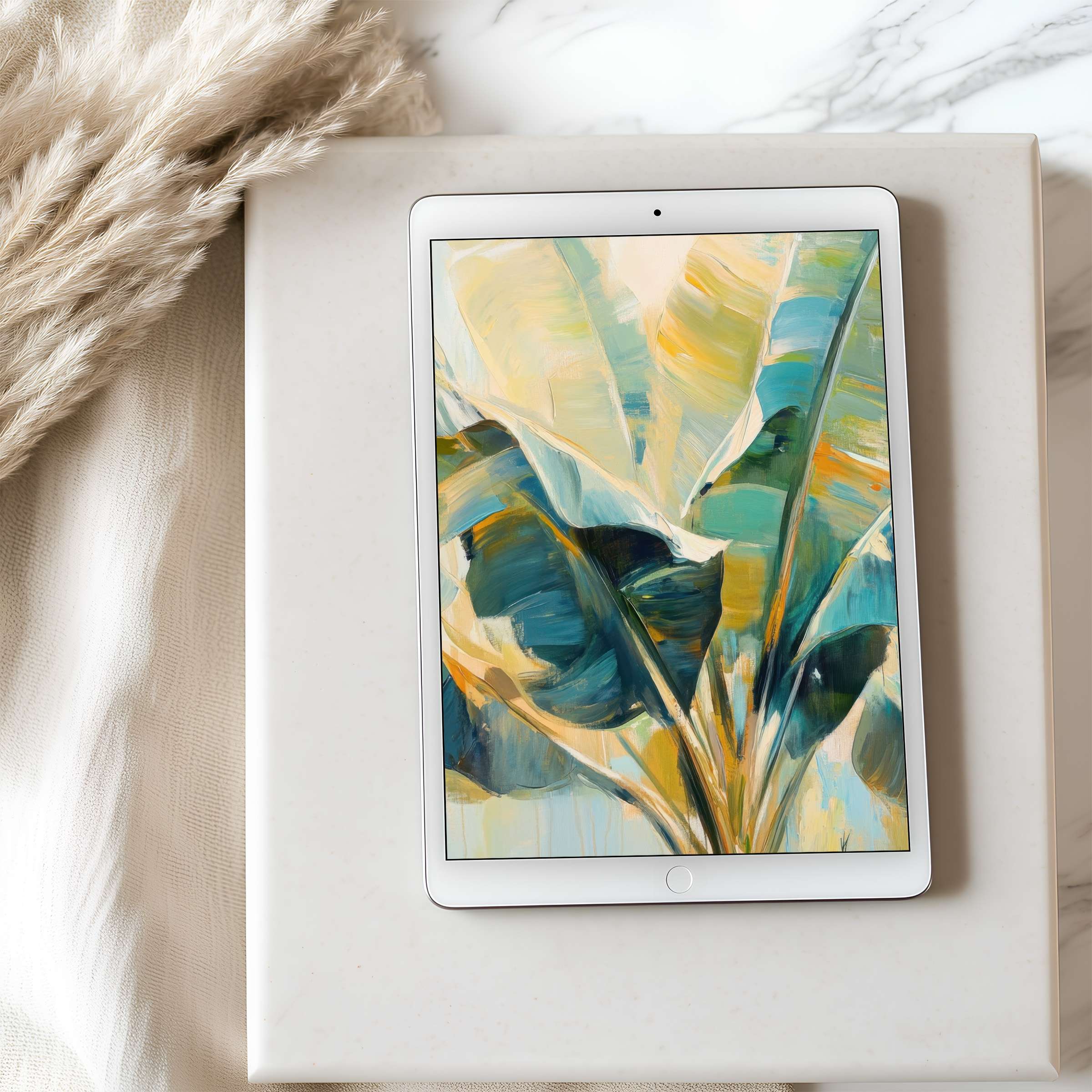 Serene abstract foliage tablet wallpaper in calming blues and greens for iPad and Android tablets enhances mindful digital living
