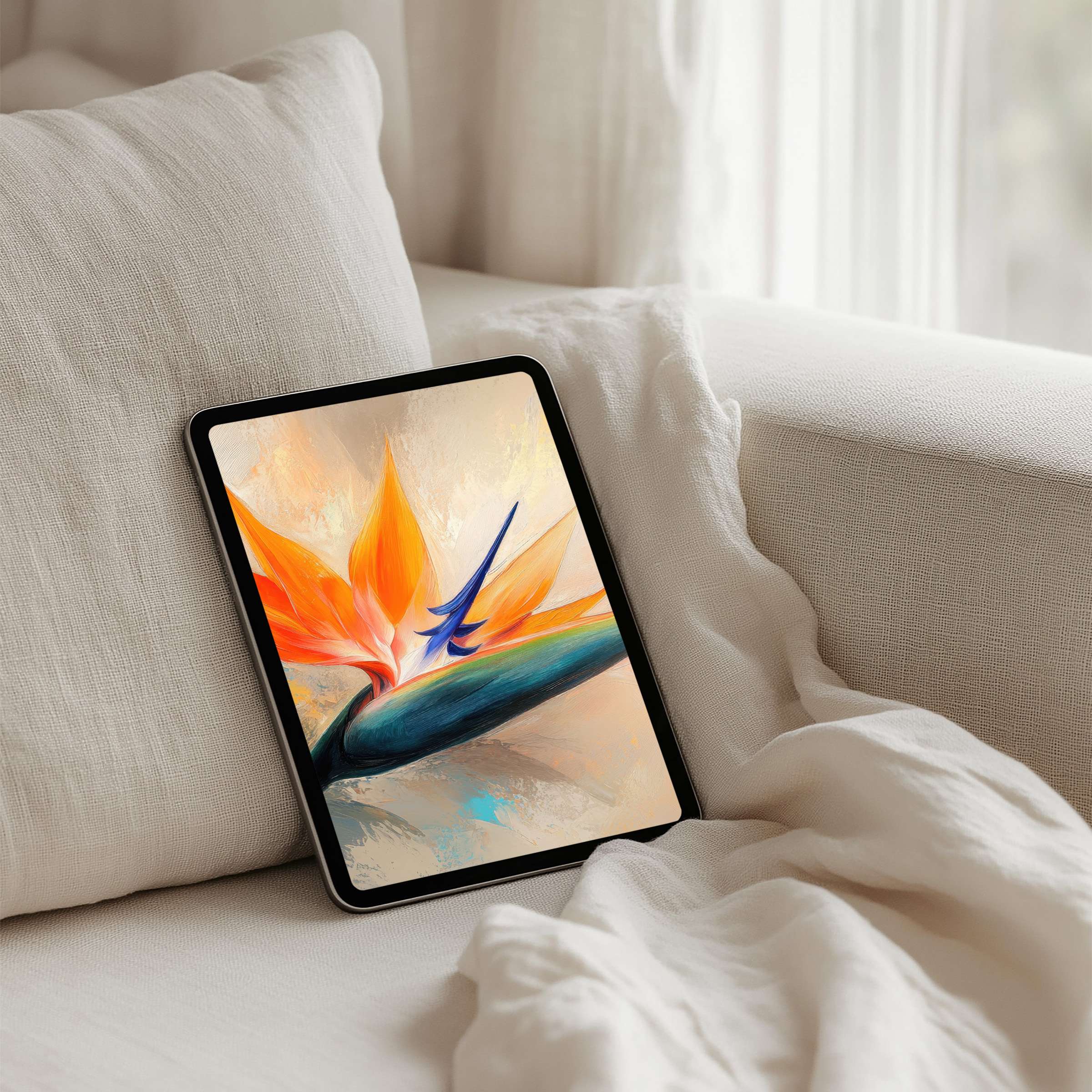 Elegant iPad background with a vibrant bird of paradise design offers instant download for all tablets, inspiring calm and beauty
