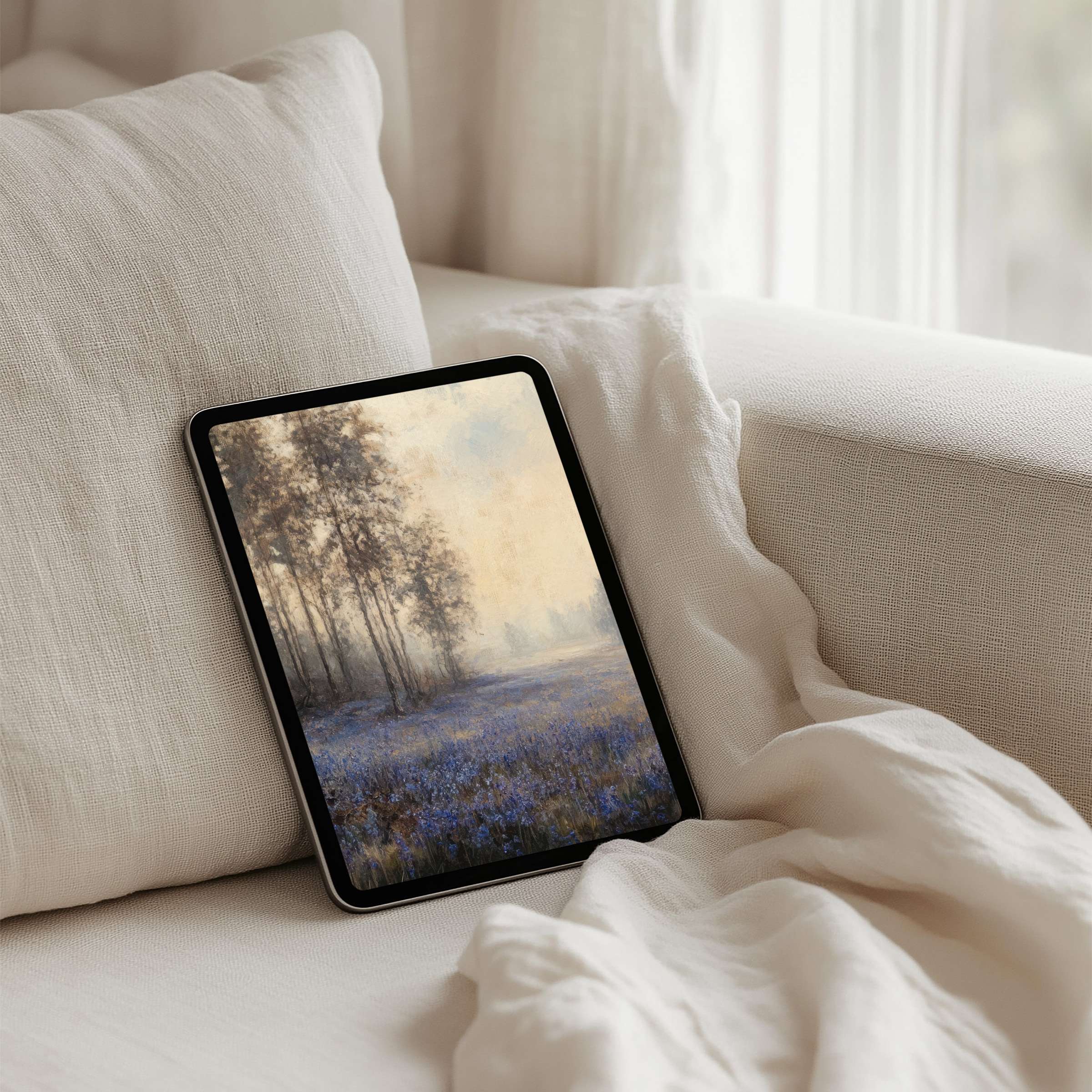 Serene forest scene with mist and lavender tones creates a calming iPad background perfect for any tablet instant download