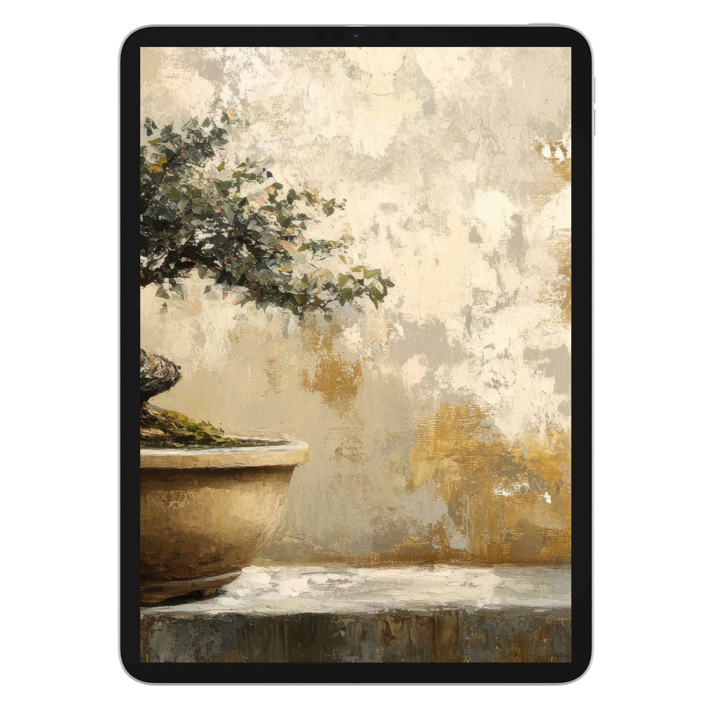 Elegant botanical iPad wallpaper featuring a serene bonsai painting, perfect digital download for calming tablet backgrounds