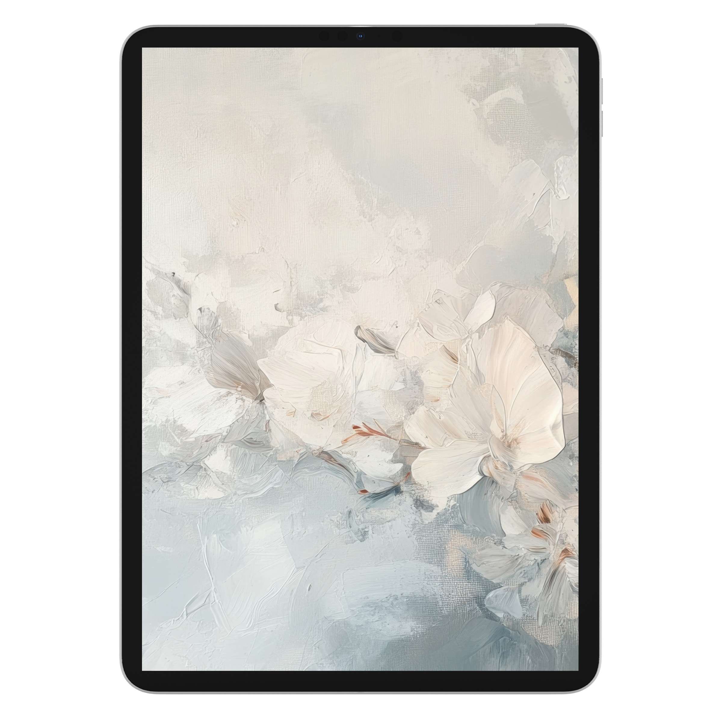 Elegant botanical iPad wallpaper with soft white blossoms, perfect digital download for tablet background, enhancing tranquility and style
