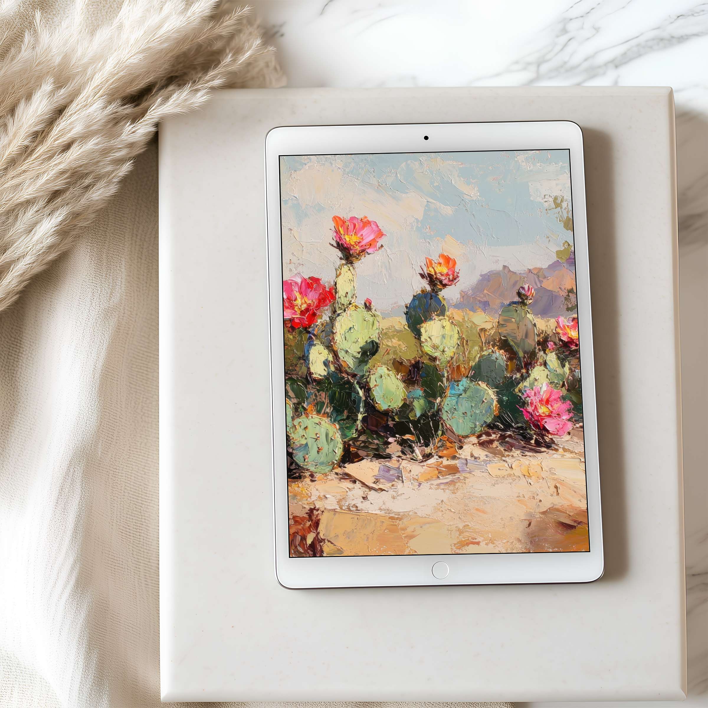 Elegant tablet wallpaper featuring a vivid cactus landscape with pink blooms in a soft marble setting suitable for high resolution tablets