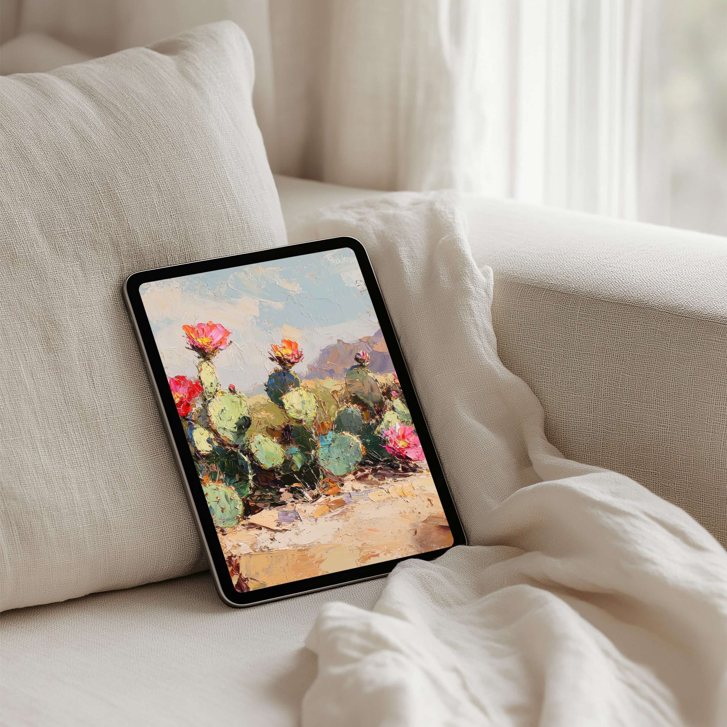 Elegant iPad background featuring vibrant cacti art offers instant download for tablets blending calm aesthetics with nature's inspiration