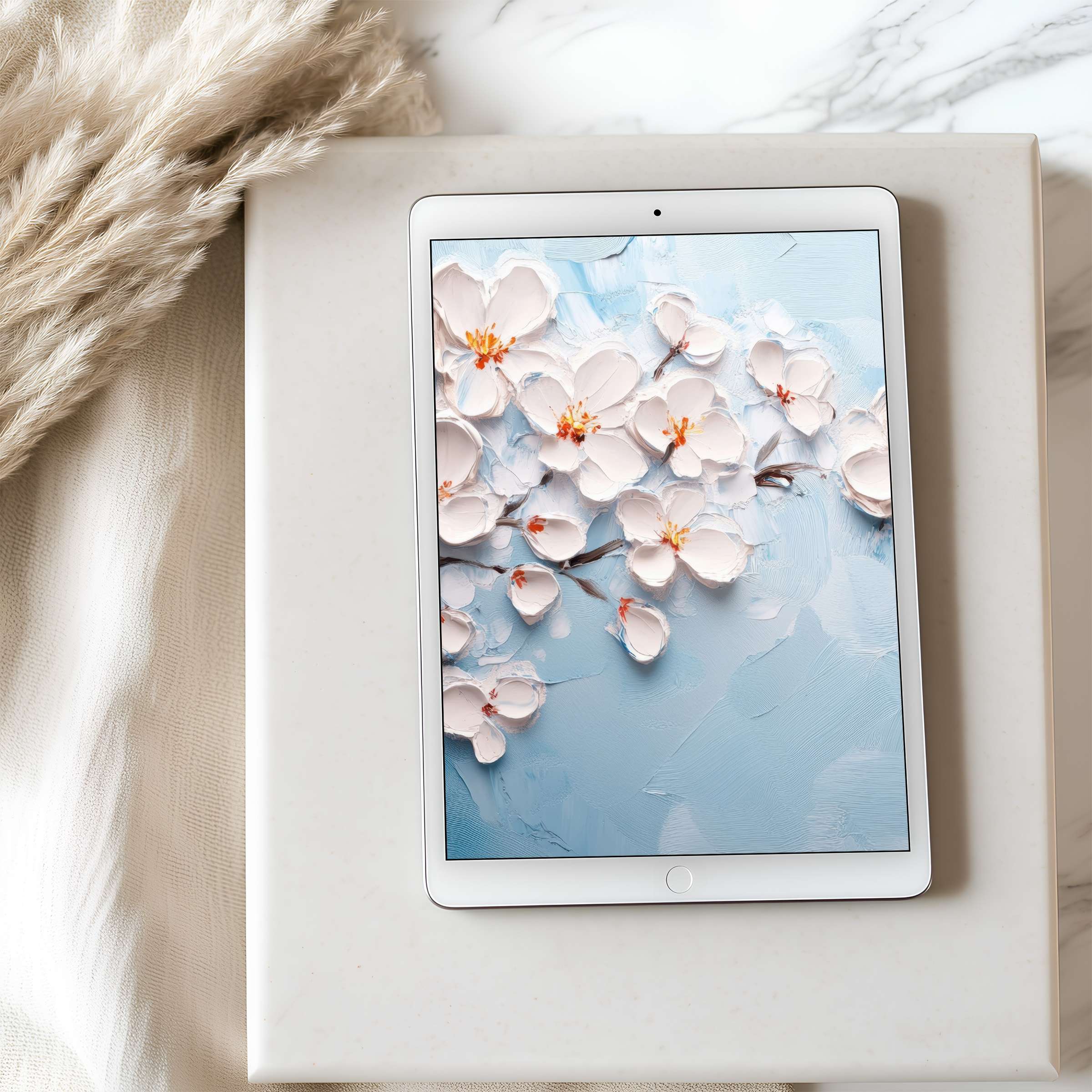 Elegant blossom motif in pastel hues adorns this high-resolution tablet wallpaper, enhancing your iPad with calm and beauty