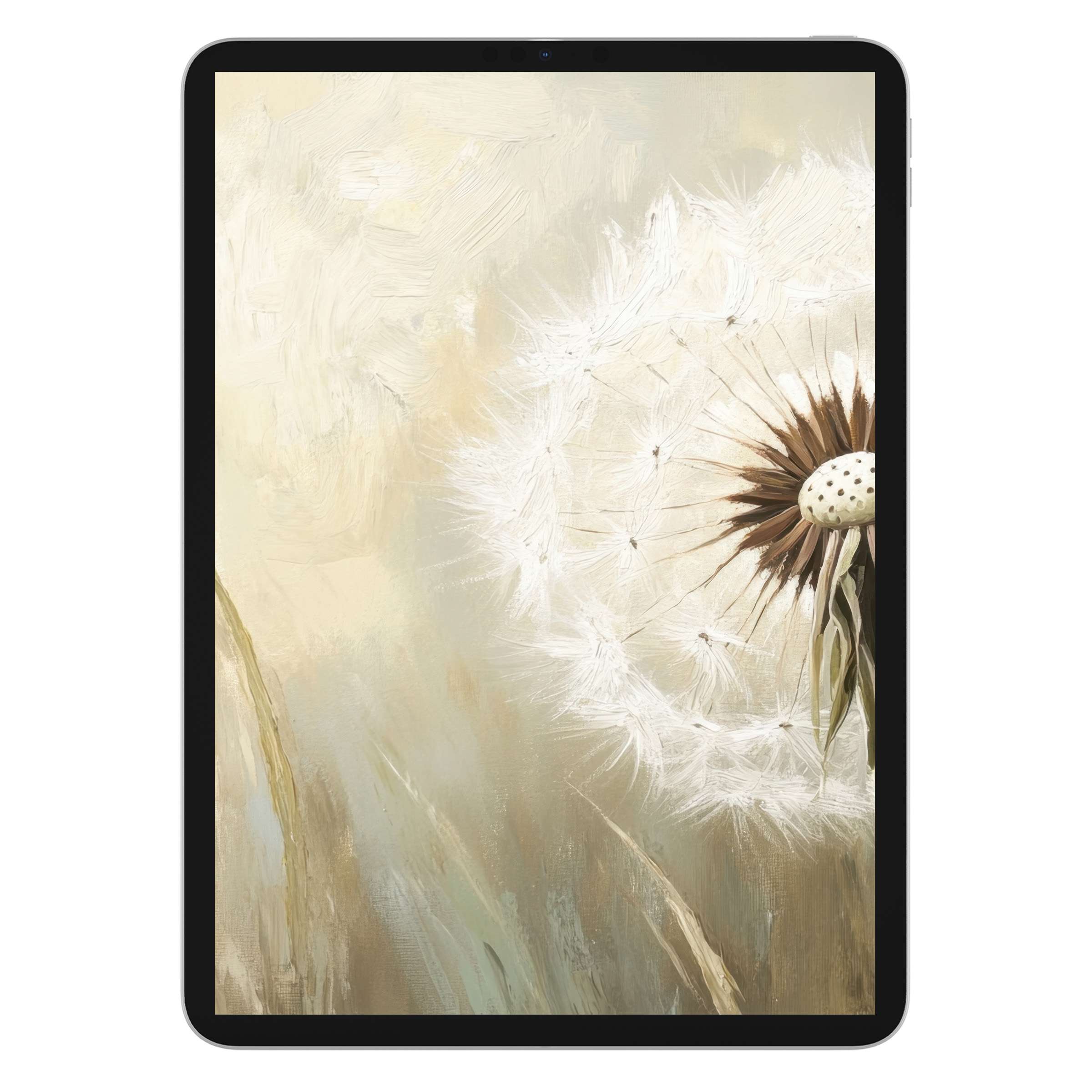 Elegant botanical iPad wallpaper featuring soft dandelion art, perfect digital download for a calming tablet background and aesthetic serenity