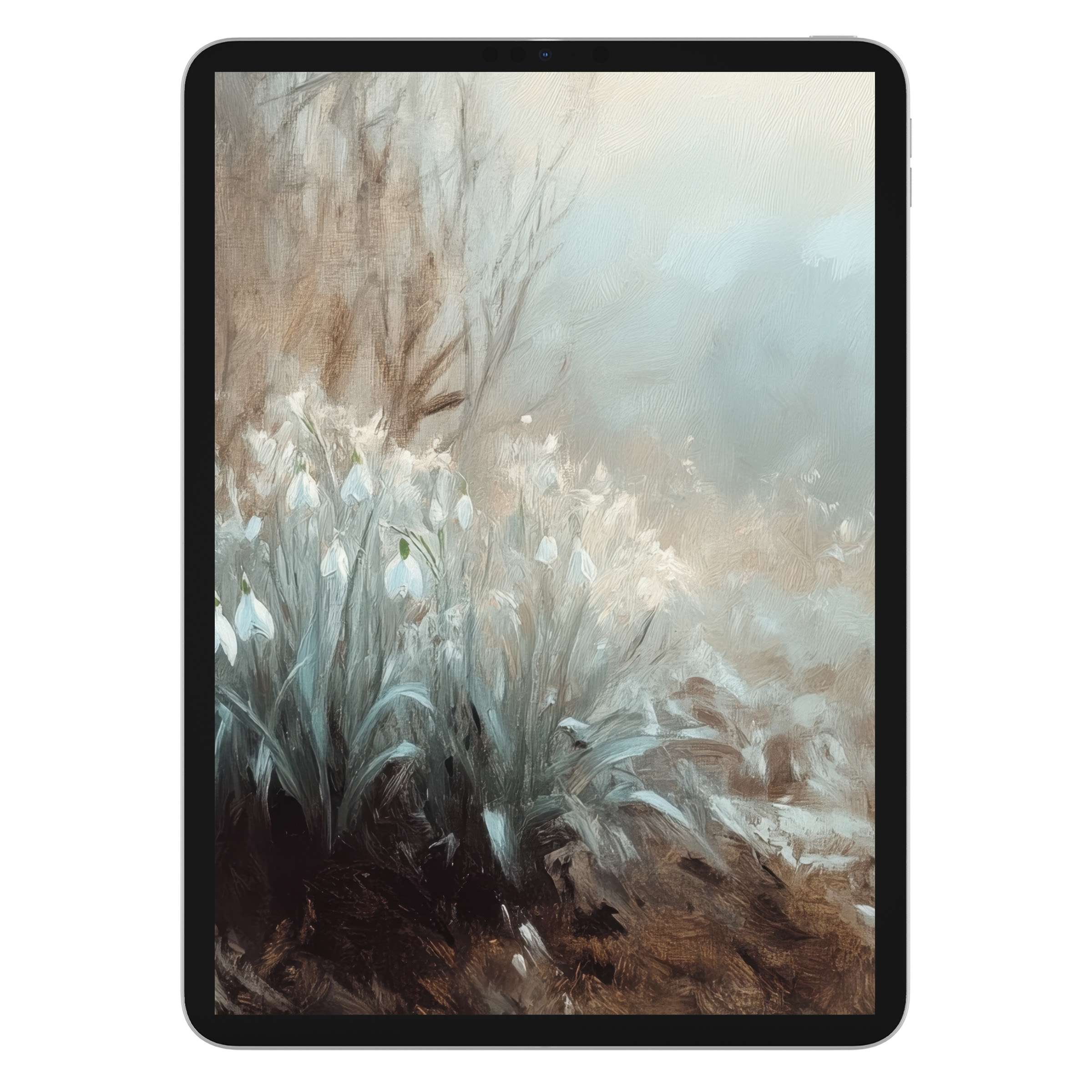 Serene botanical iPad wallpaper with delicate white flowers, soothing pastels, perfect tablet background for digital download seekers