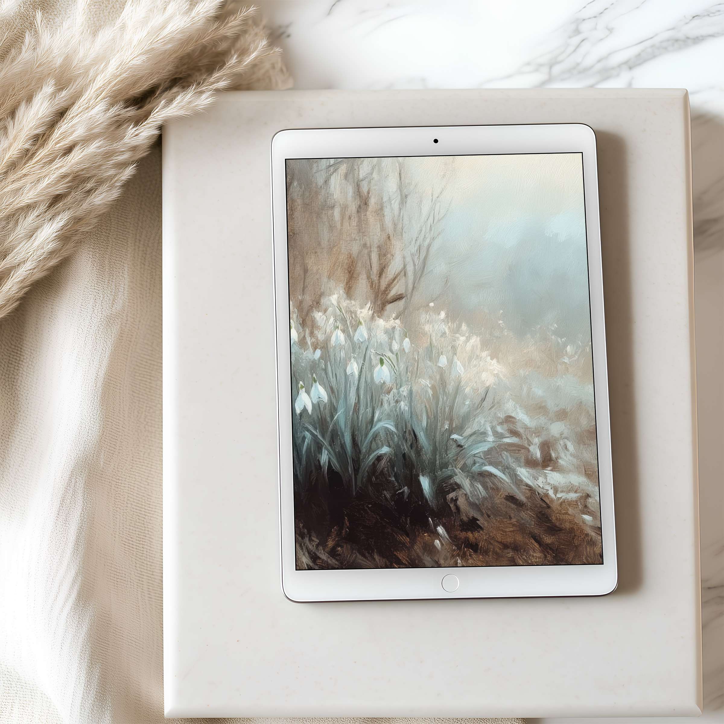 Elegant landscape tablet wallpaper featuring serene florals in soft hues suits iPad and Android tablets for a calming digital download