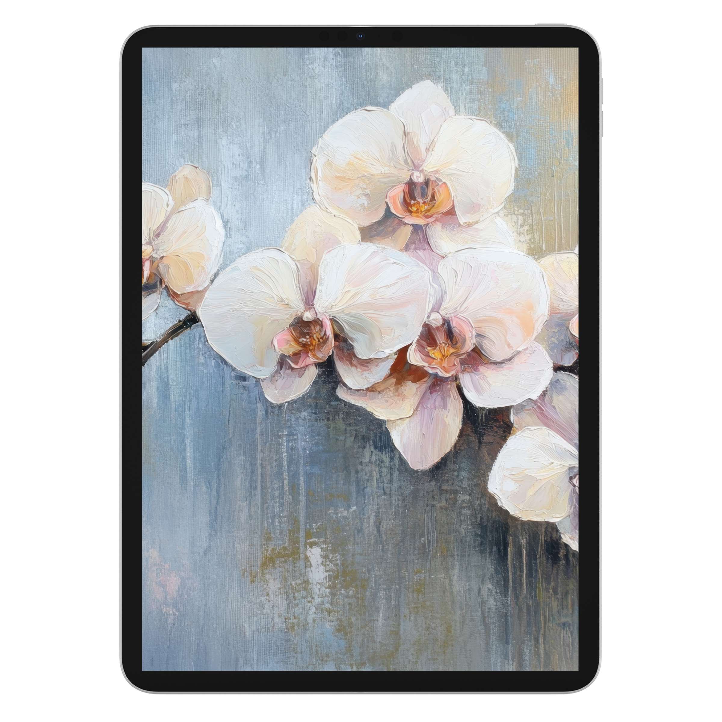 Elegant botanical iPad wallpaper featuring serene orchid blossoms on a textured gray canvas background perfect for digital download on tablets