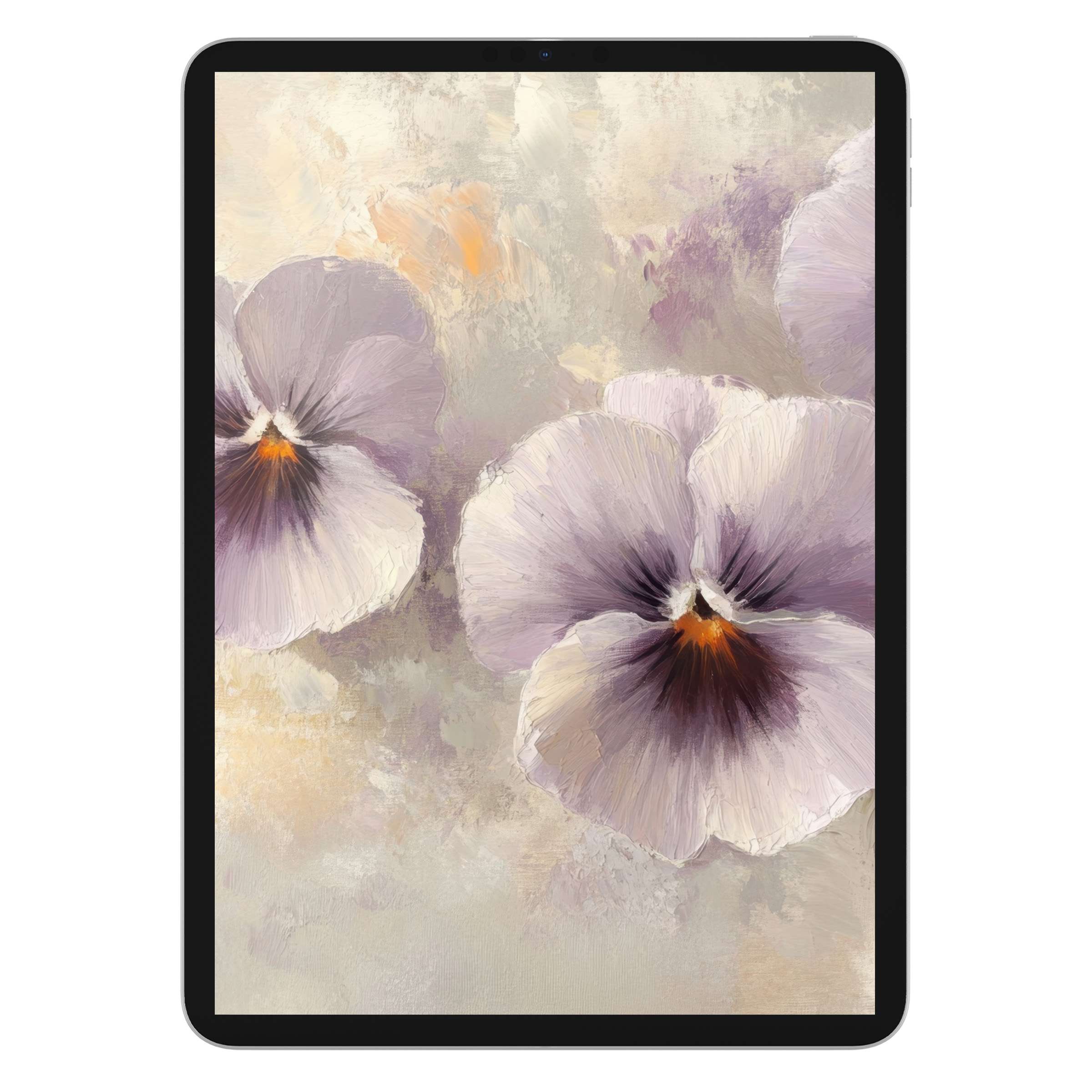 Elegant botanical iPad wallpaper featuring violet pansies with soft brushstrokes, a calming digital download for tablet background use