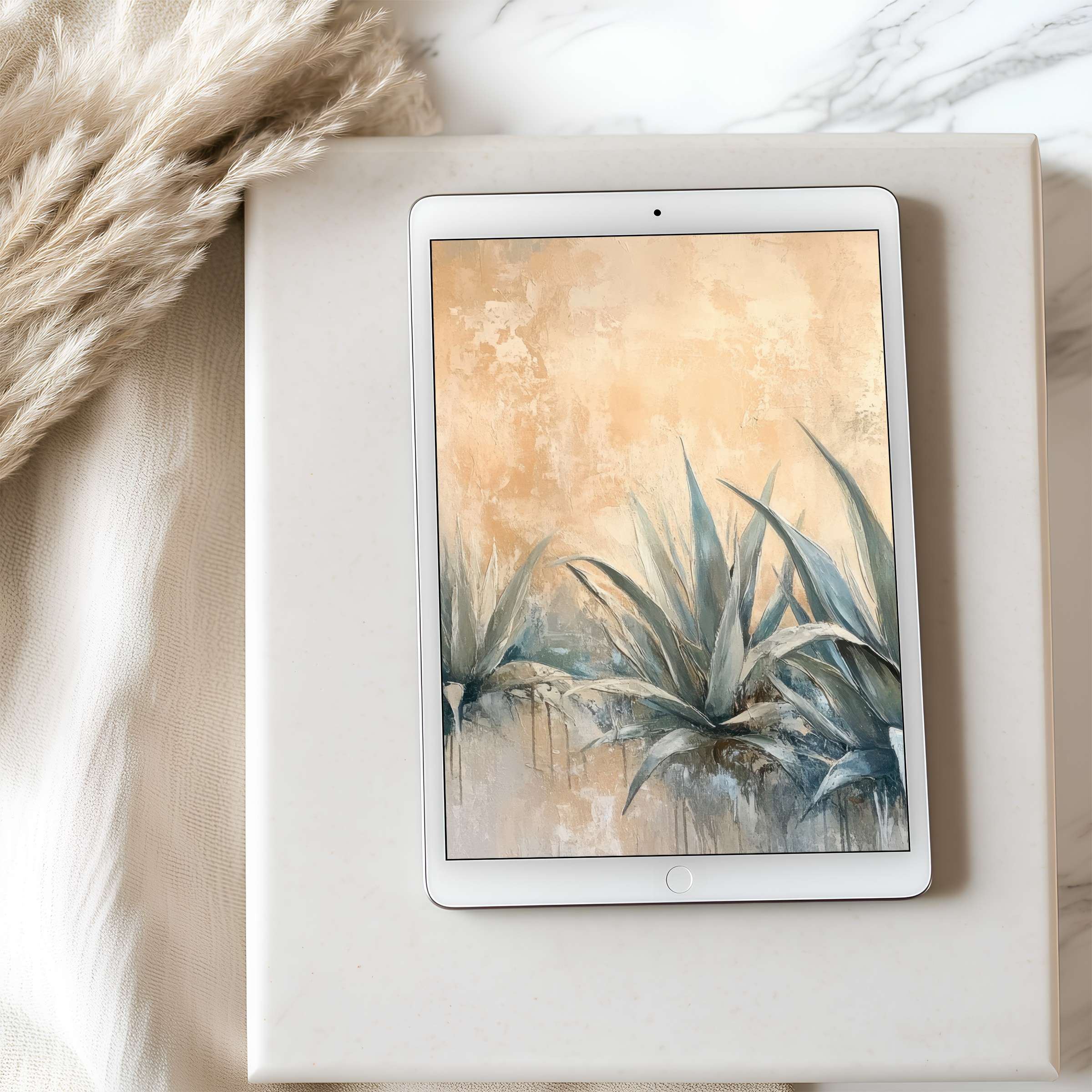 Elegant aloe-inspired tablet wallpaper in soothing earth tones offers high-resolution calm for iPad and Android digital downloads