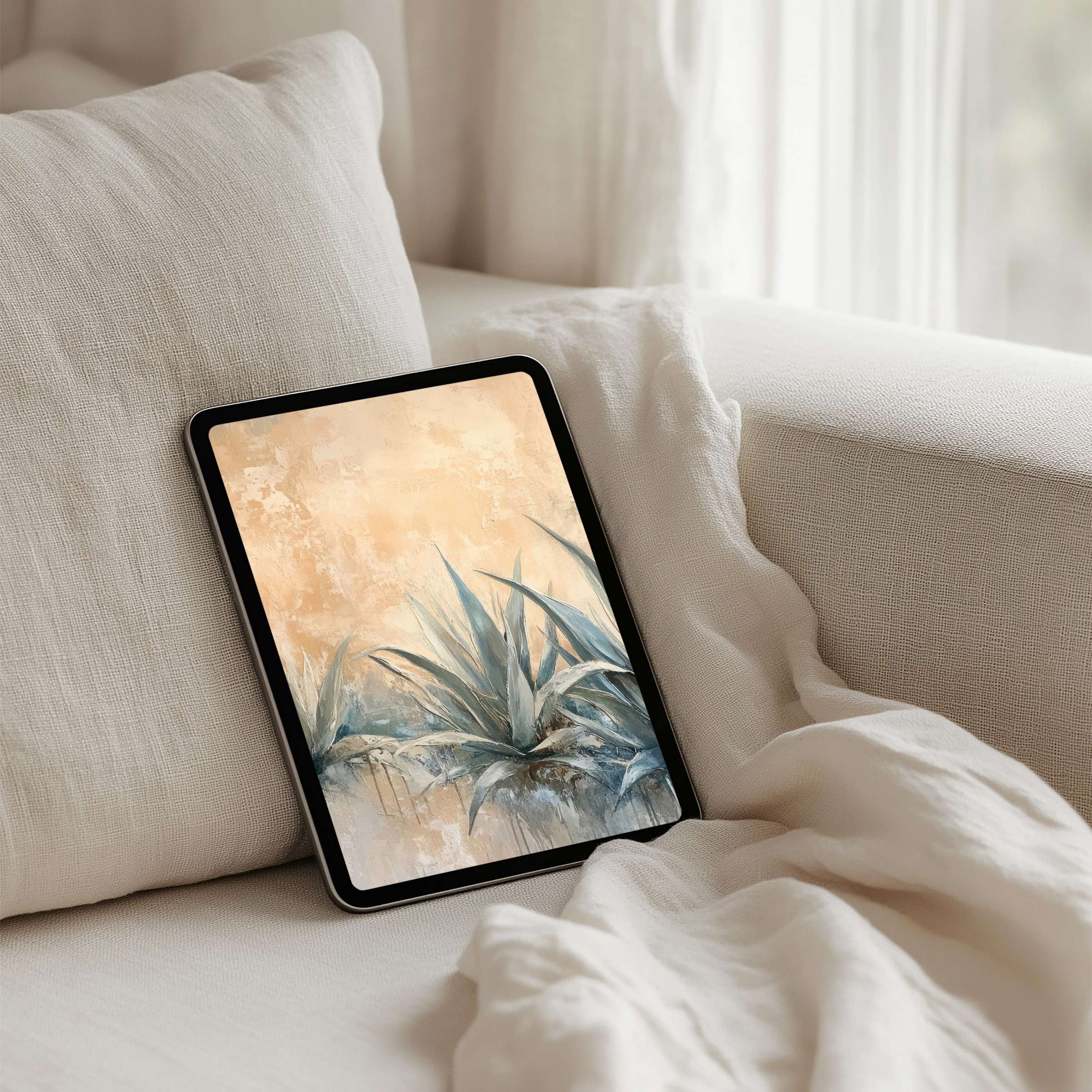 Elegant iPad background featuring soft, calming botanical art offers instant download for tablets, blending mindfulness with aesthetics