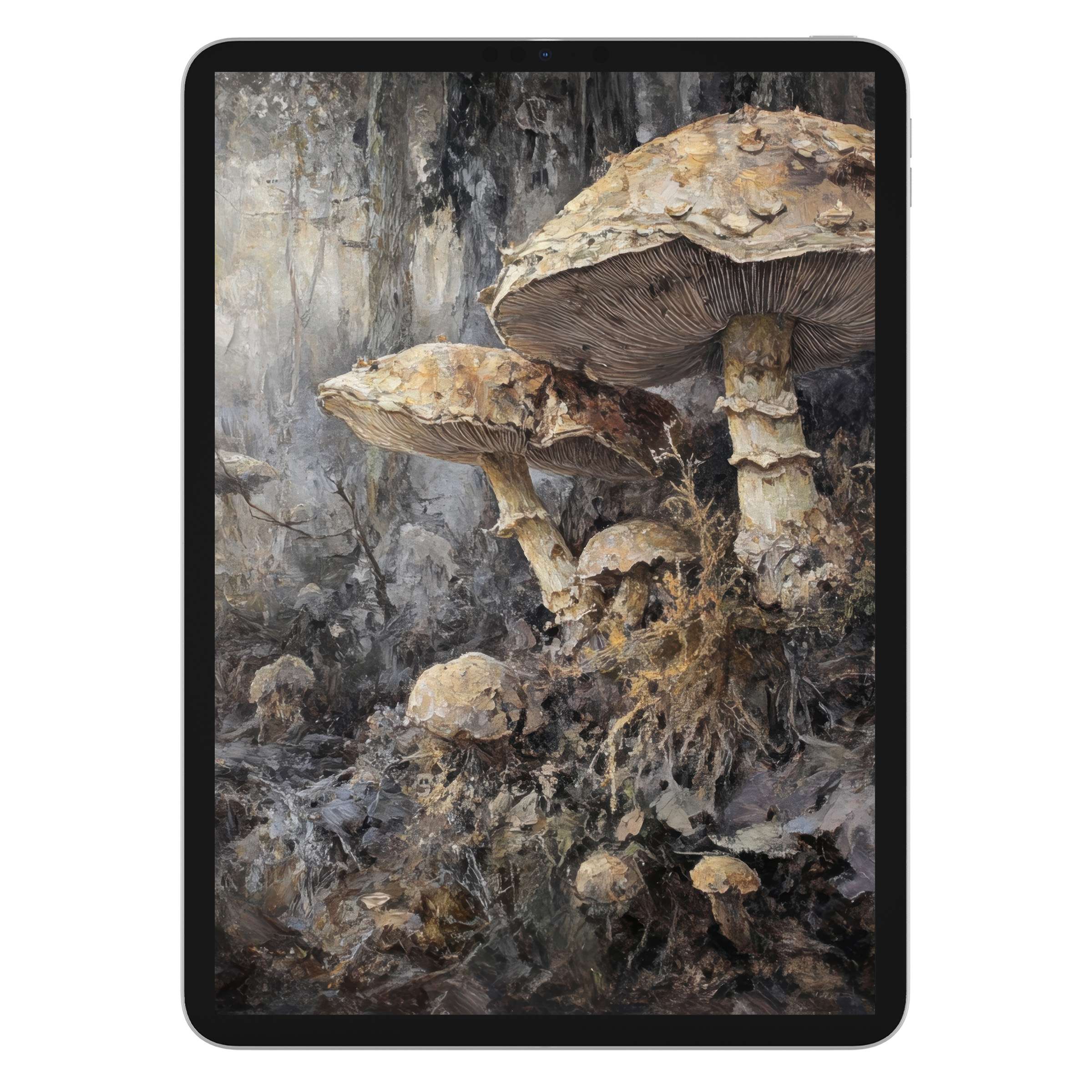 Elegant botanical iPad wallpaper featuring earthy mushrooms on a textured background, perfect digital download for tablet tranquility