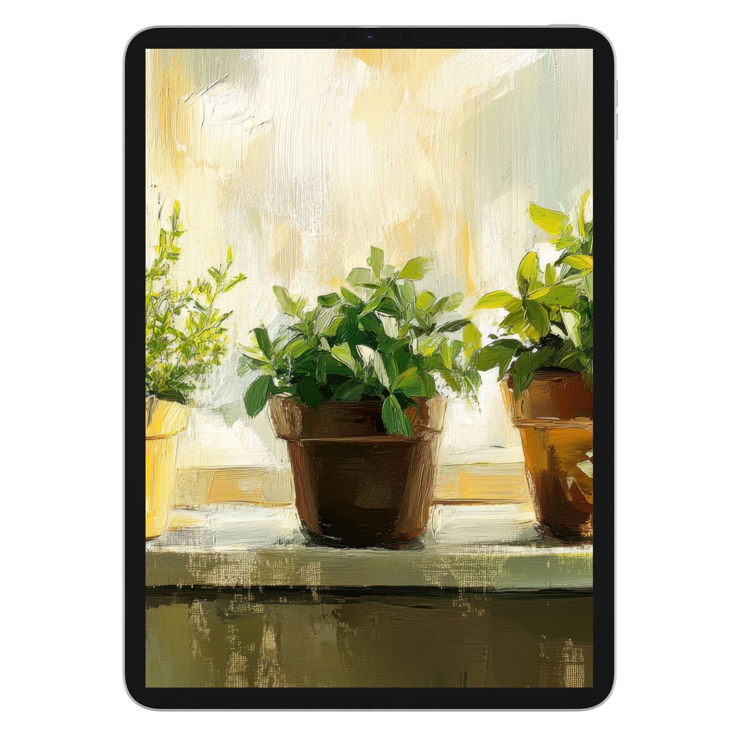 Lush green potted plants in an oil-paint style botanical iPad wallpaper offer a calming digital download background for any tablet