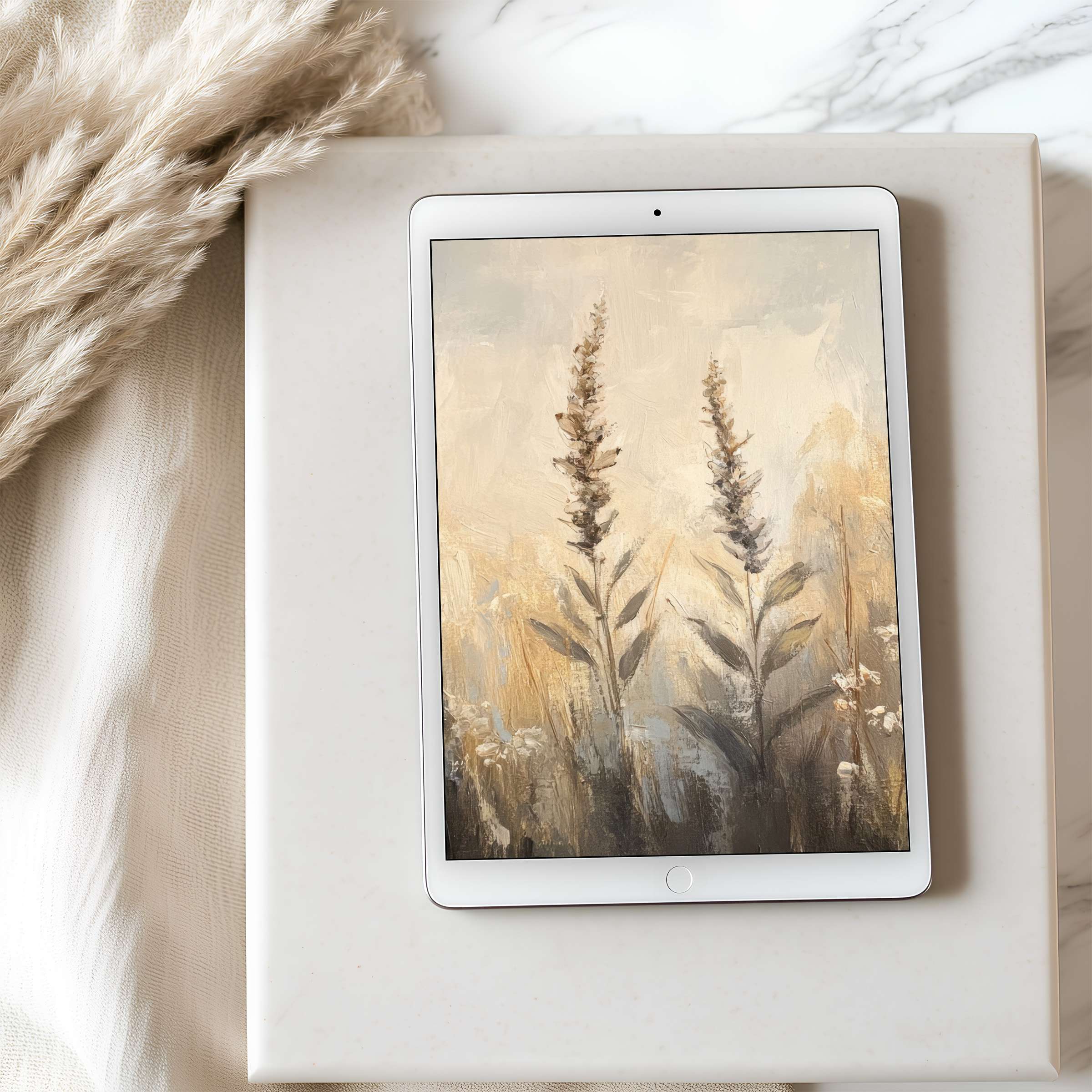 Elegant impressionistic floral tablet wallpaper evokes calm with earthy tones, perfect for high resolution iPad and Android digital download