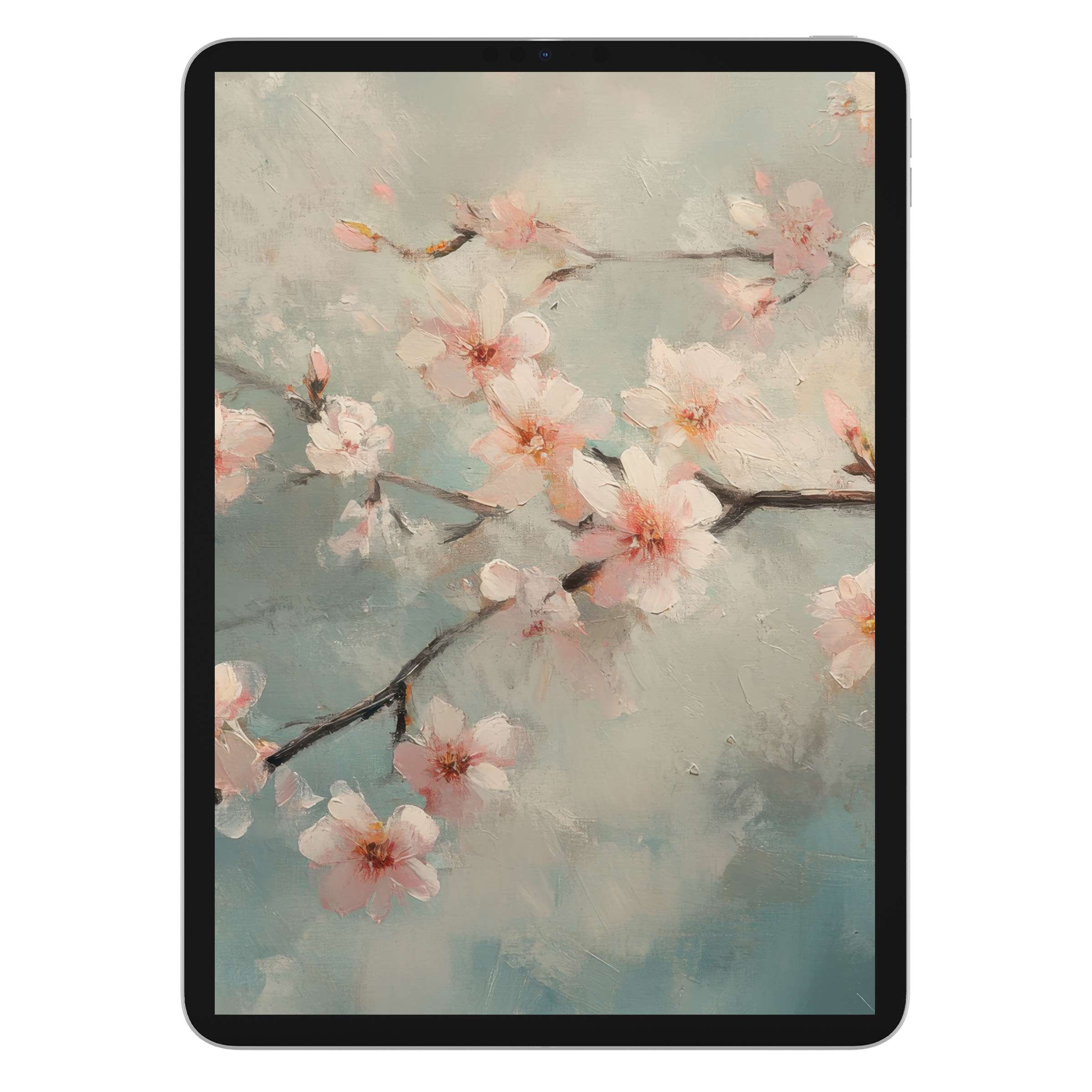 Blush cherry blossoms on a serene blue watercolor canvas create an elegant botanical iPad wallpaper, perfect tablet background digital download